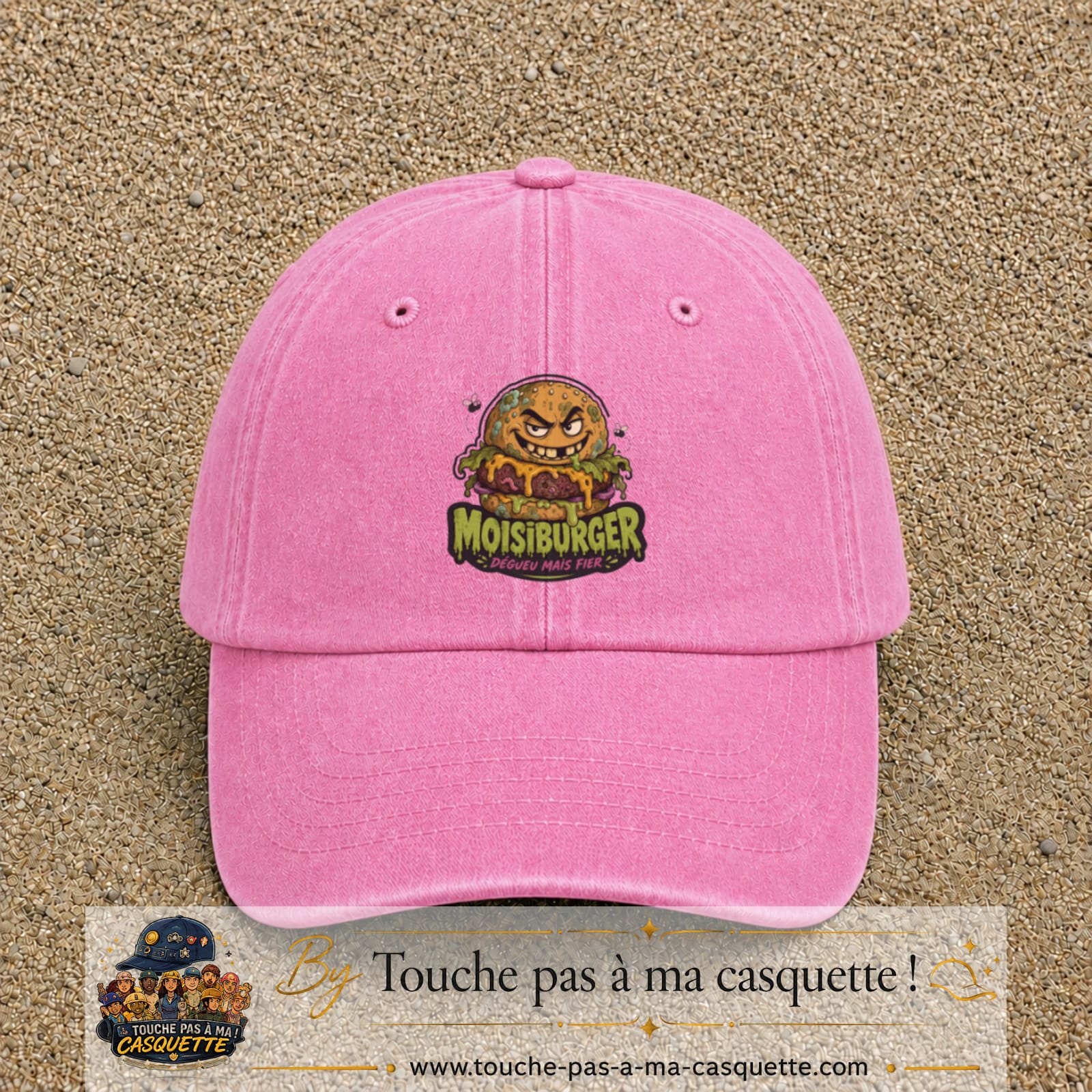 Casquette baseball Rose délavé 100% coton avec visuel Moistburger dégueu mais fier 7 cm - image produit principale
