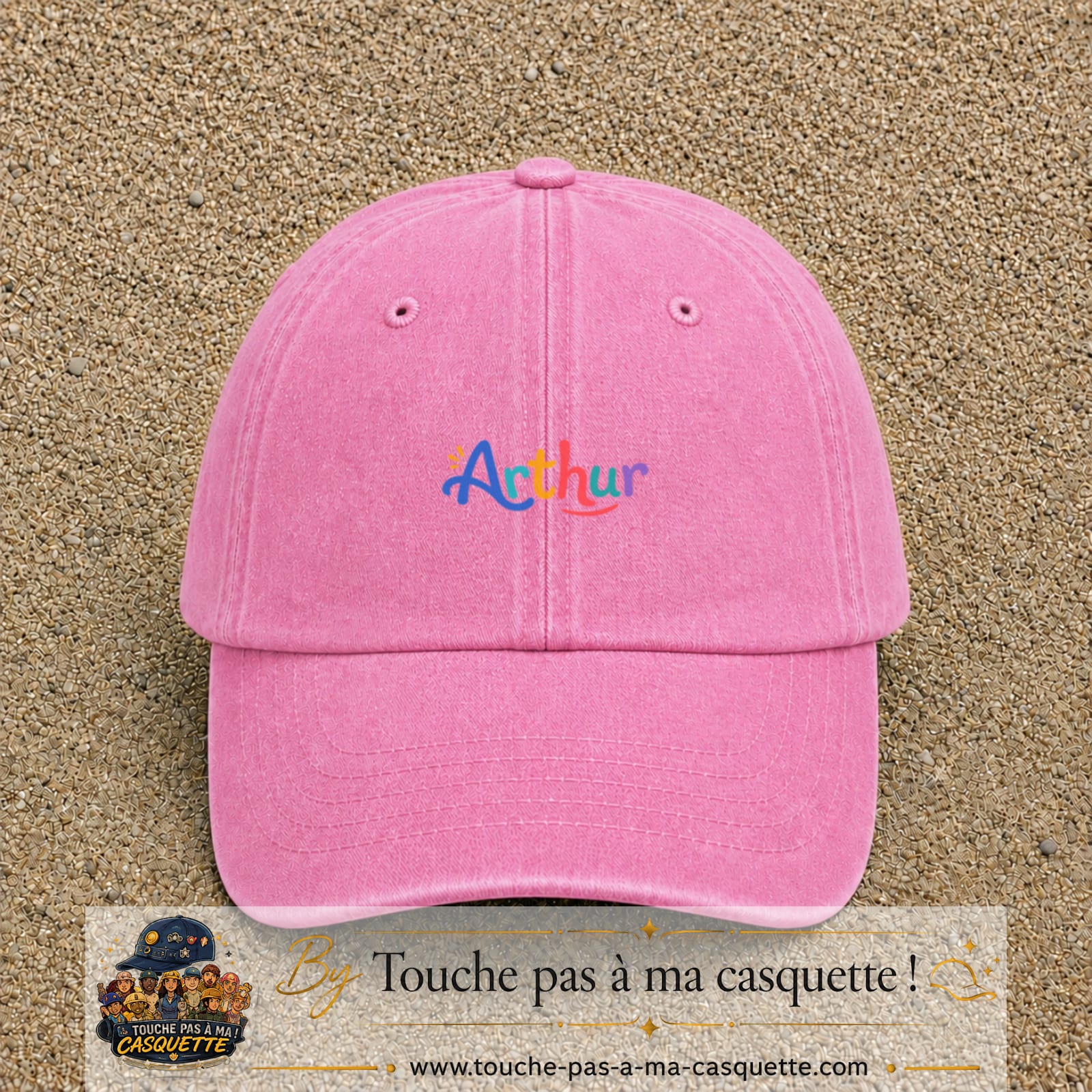 Casquette baseball Rose délavé 100% coton avec visuel Prénom Arthur coloré 3 cm - image produit principale