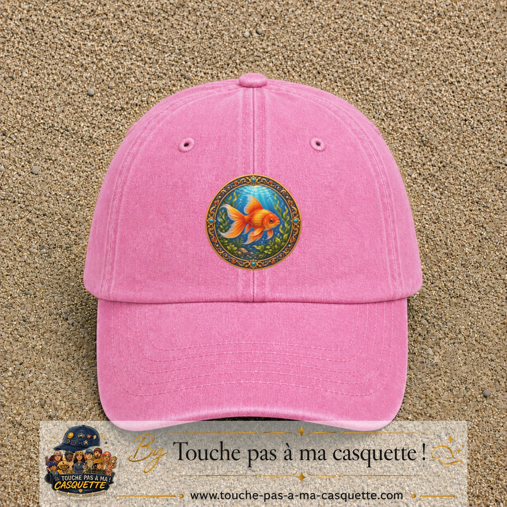 Casquette baseball Rose délavé 100% coton avec visuel Poisson rouge aquarium 7 cm - image produit principale