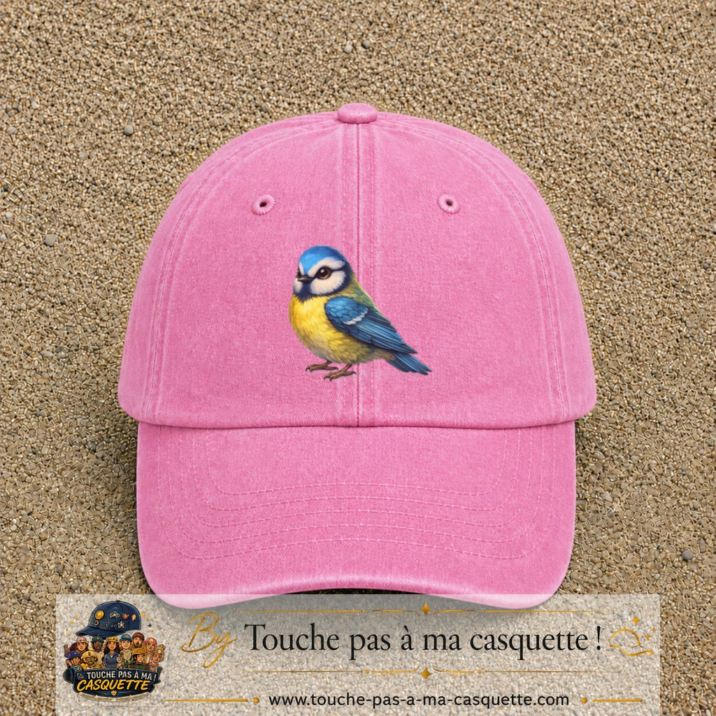 Casquette baseball Rose délavé 100% coton avec visuel Mésange bleue 7 cm - image produit principale