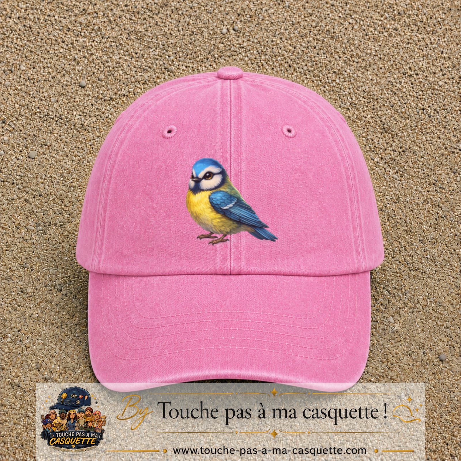 Casquette baseball Rose délavé 100% coton avec visuel Mésange bleue 7 cm - image produit principale