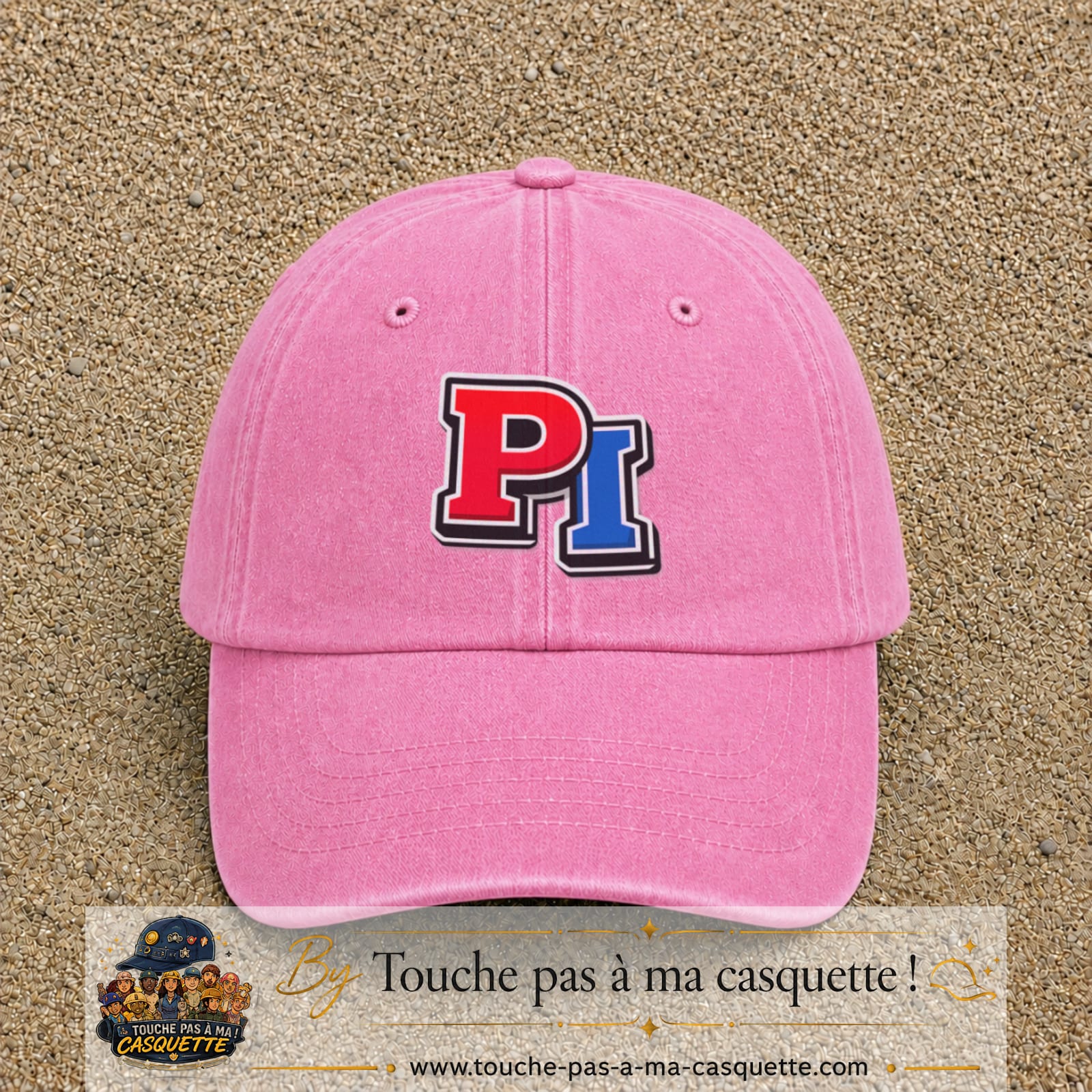 Casquette Rose délavé 100% coton avec motif Initiales PI rouge et bleu 7 cm - image principale