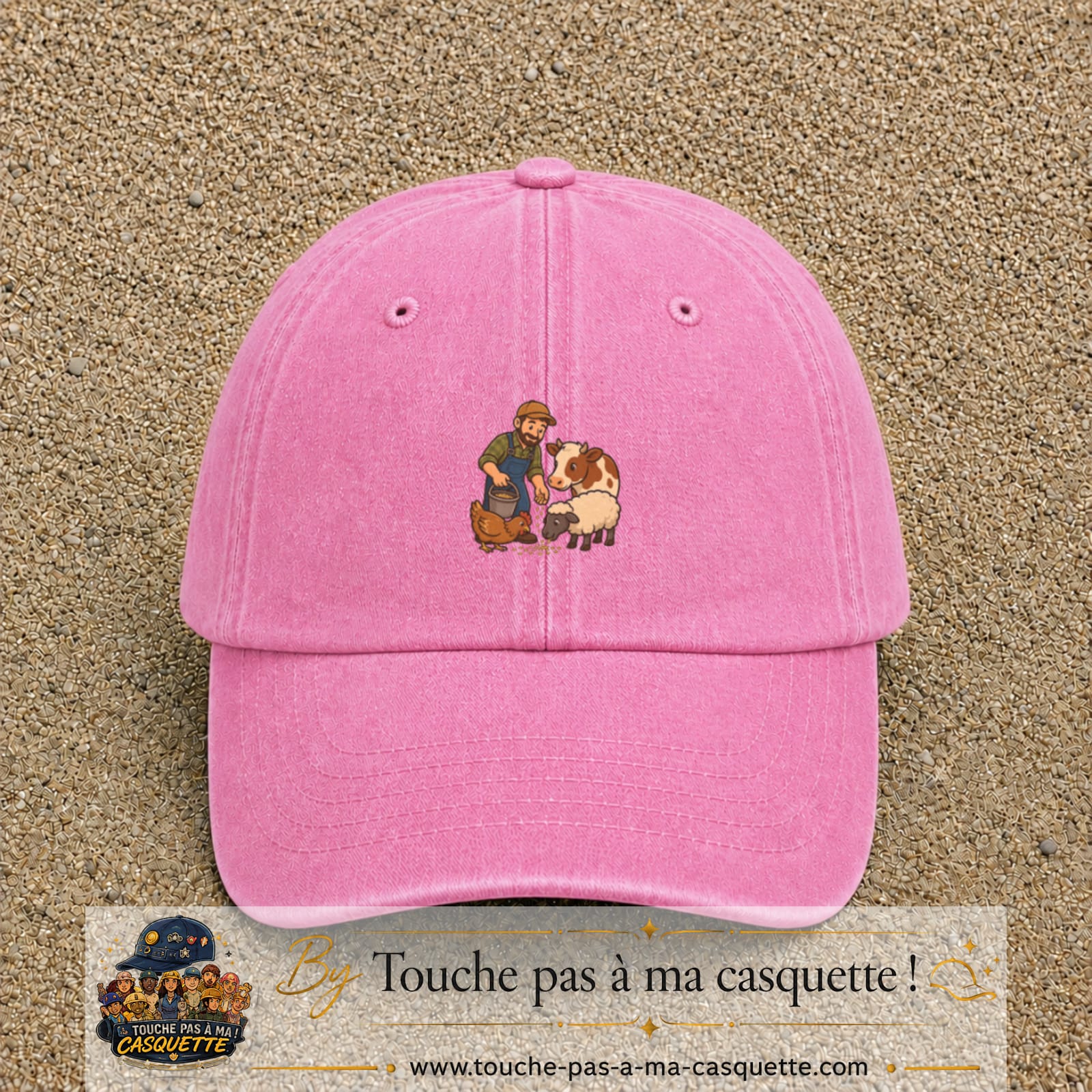 Casquette Rose délavé 100% coton avec motif Fermier et animaux 5 cm - image principale