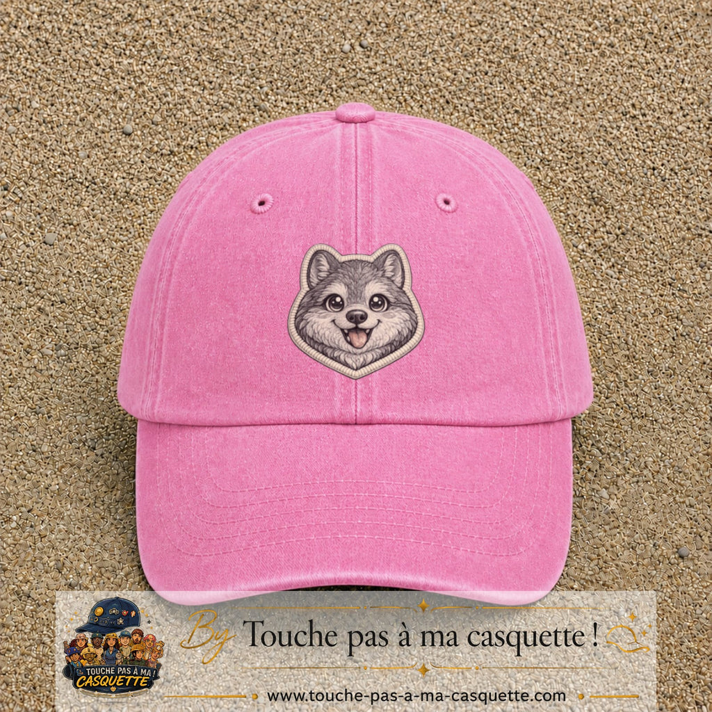 Casquette Rose délavé motif Husky joyeux 7 cm - vue principale