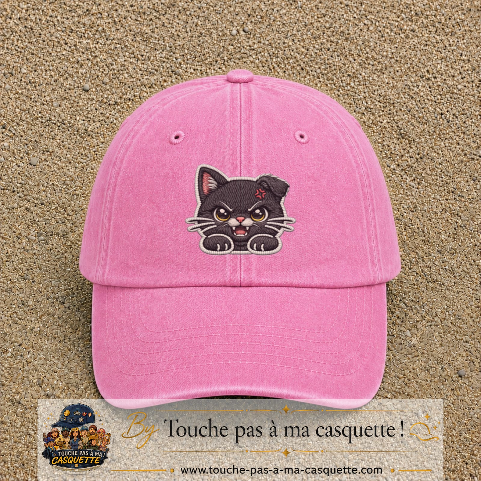 Casquette Rose délavé motif Chaton grognon 7 cm - vue principale