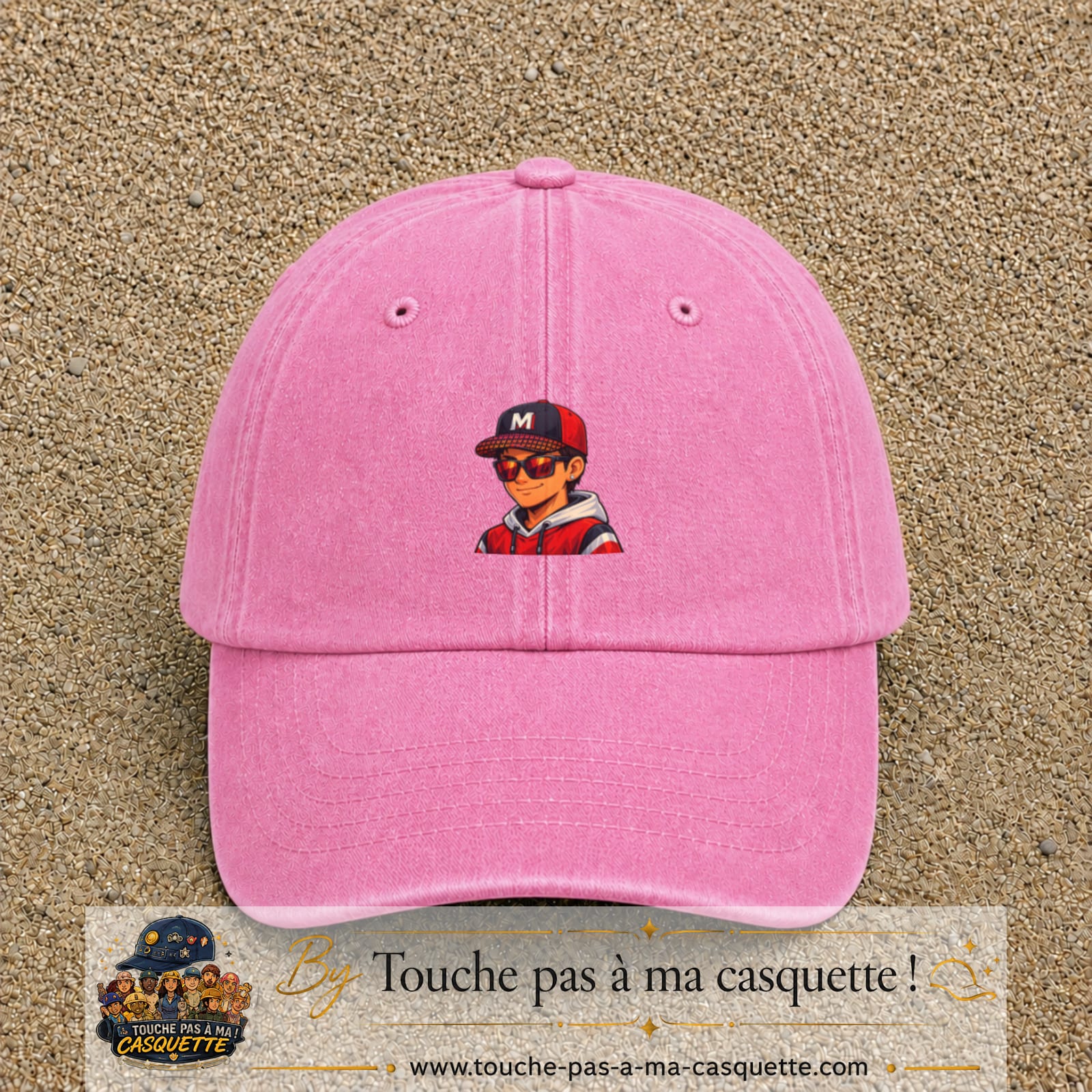 Casquette Rose délavé 100% coton avec motif Garçon casquette rouge et lunettes 5 cm - image principale