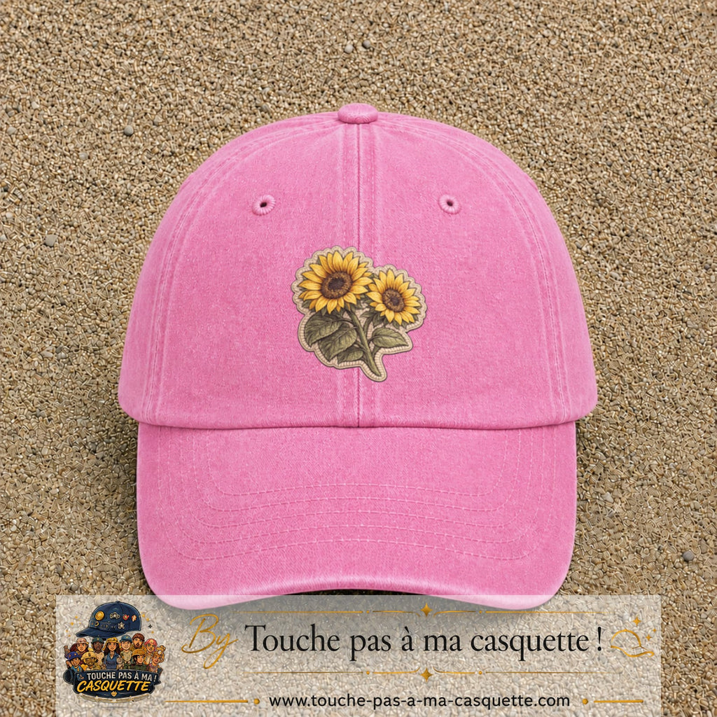 Casquette Rose délavé motif Duo de tournesols 7 cm - vue principale
