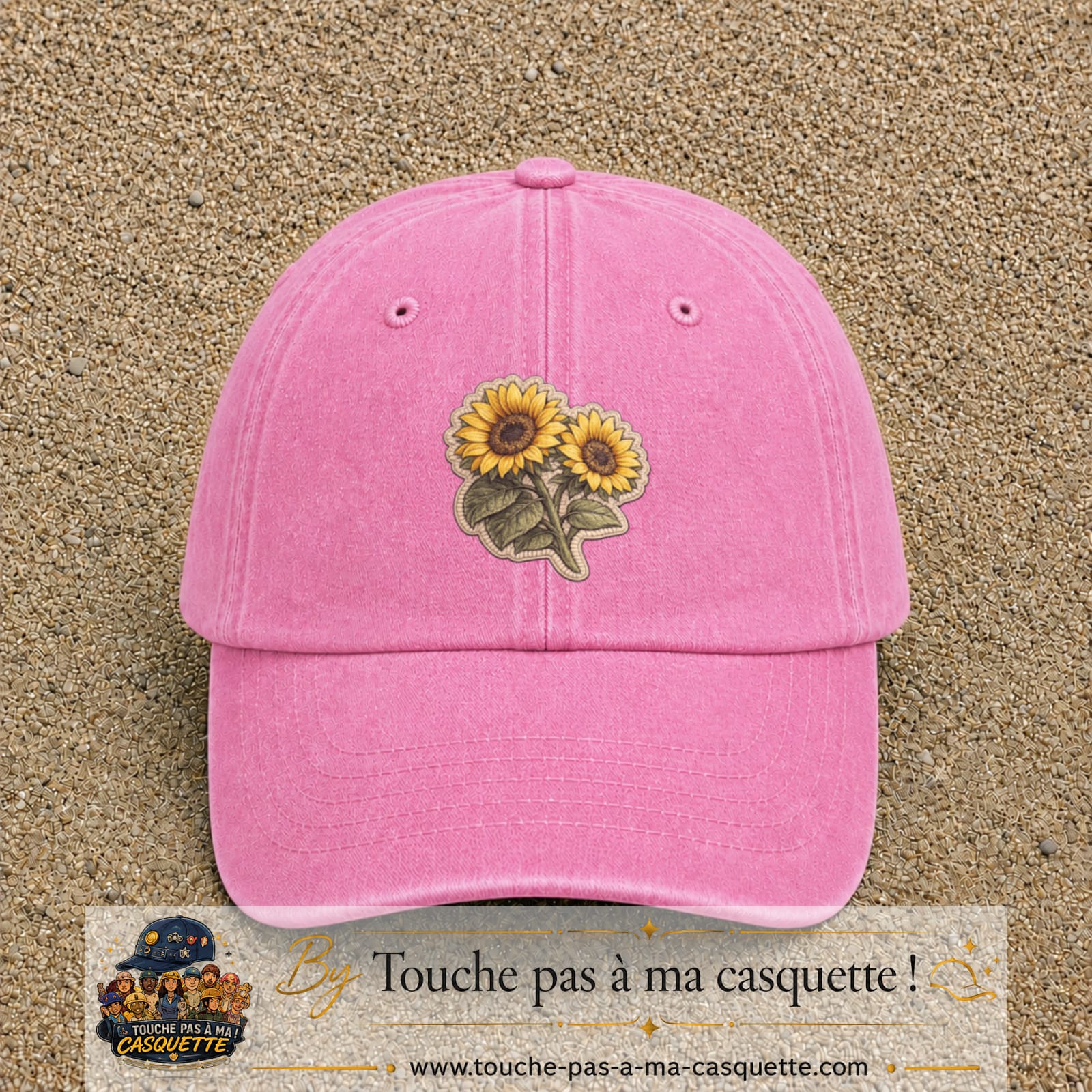 Casquette Rose délavé motif Duo de tournesols 7 cm - vue principale