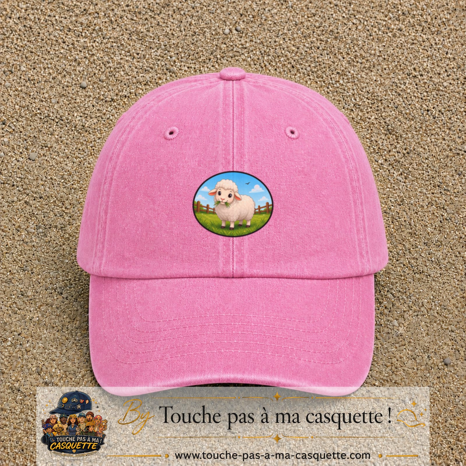 Casquette baseball Rose délavé 100% coton avec visuel Mouton à la ferme 5 cm - image produit principale