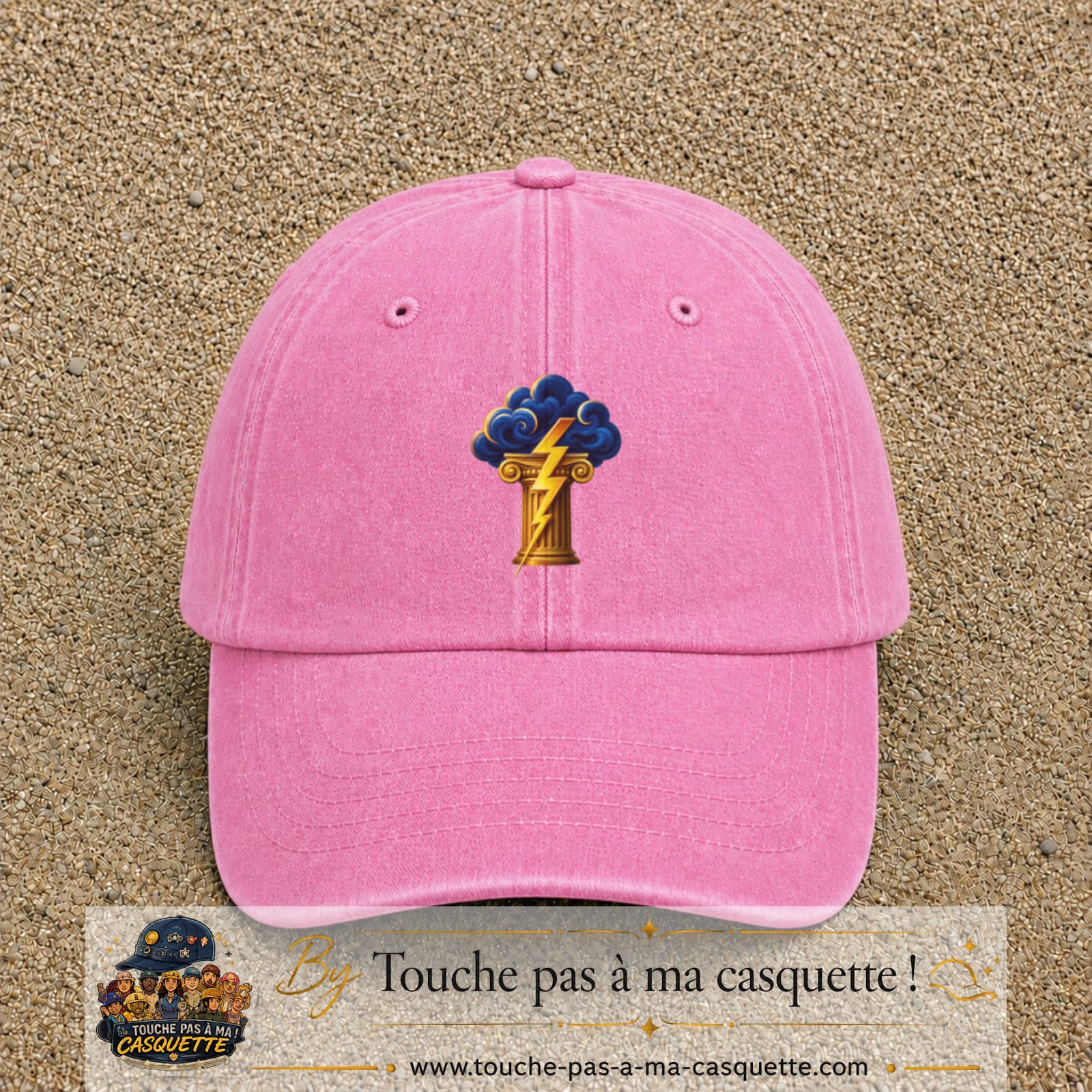 Casquette Rose délavé 100% coton avec motif Orage antique et éclair doré 7 cm - image principale