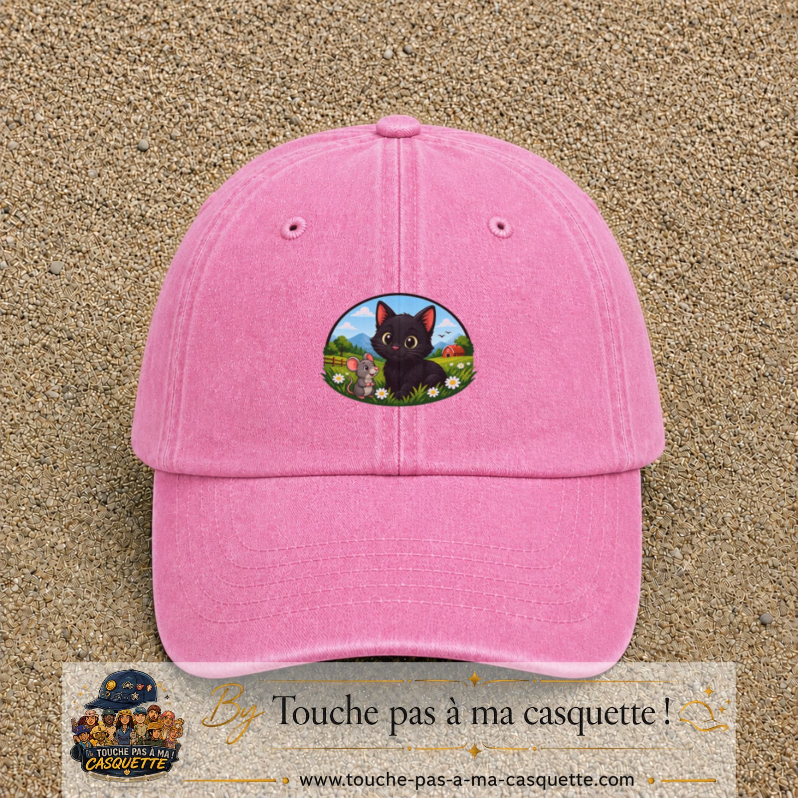 Casquette baseball Rose délavé 100% coton avec visuel Chat et souris à la ferme 5 cm - image produit principale