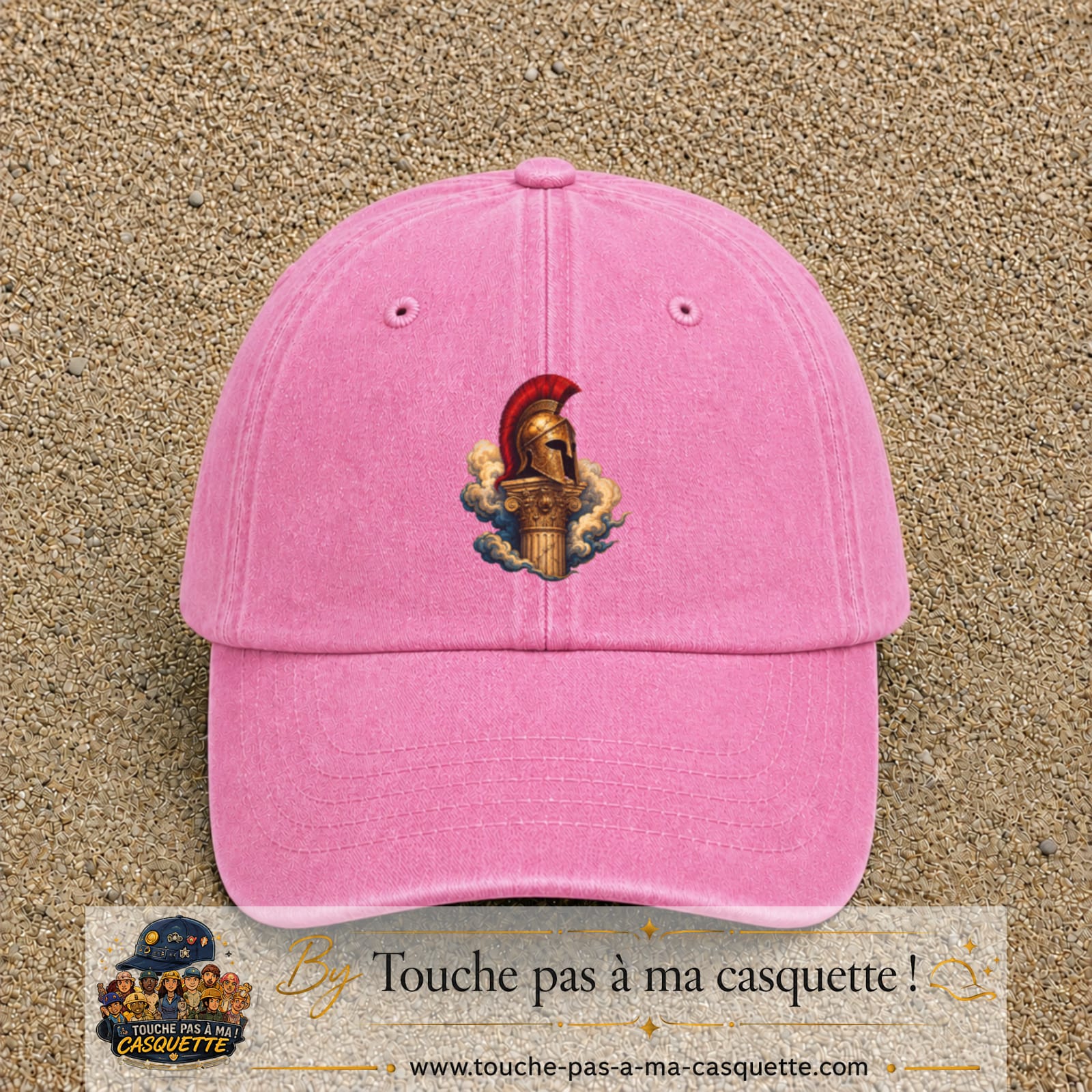Casquette Rose délavé 100% coton avec motif Casque spartiate sur colonne 7 cm - image principale