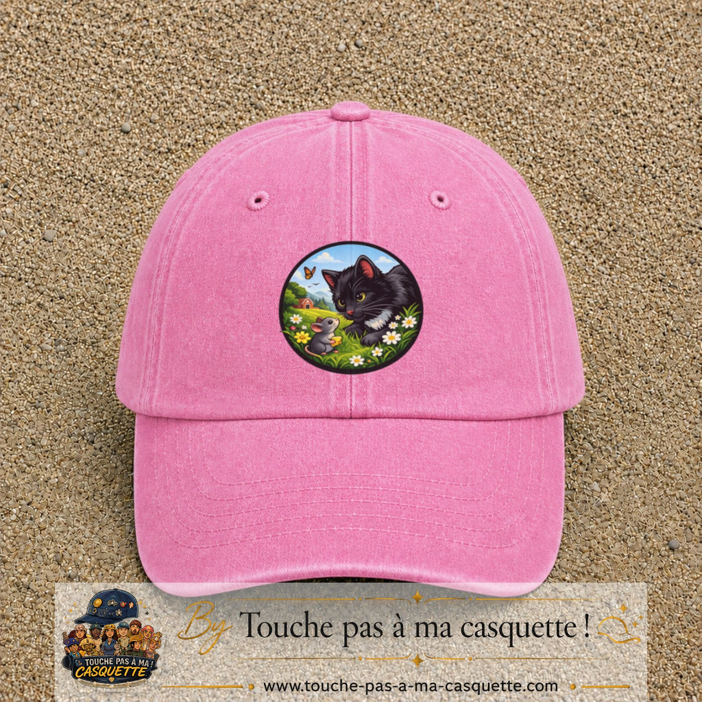 Casquette baseball Rose délavé 100% coton avec visuel Chat noir et souris 7 cm - image produit principale
