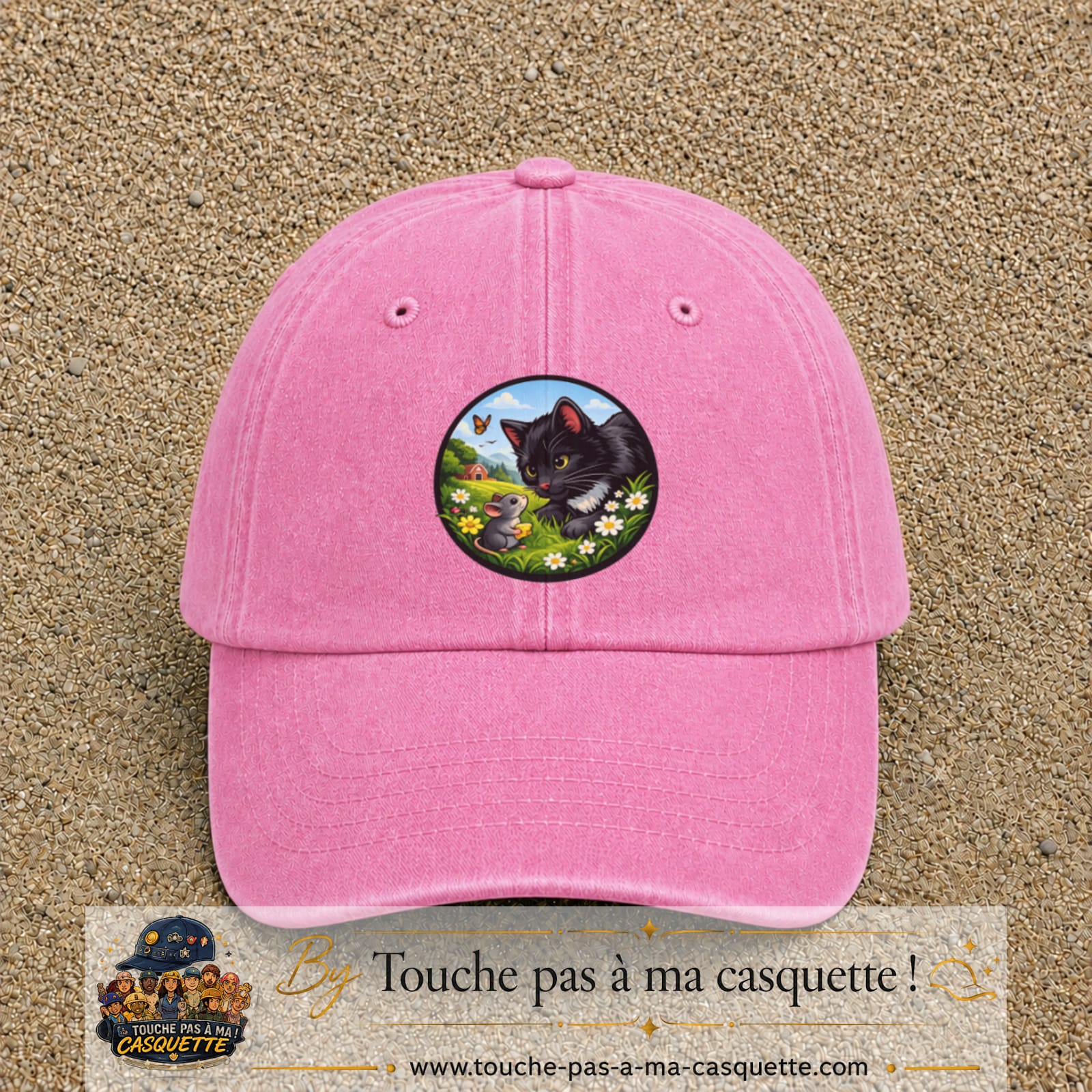 Casquette baseball Rose délavé 100% coton avec visuel Chat noir et souris 7 cm - image produit principale