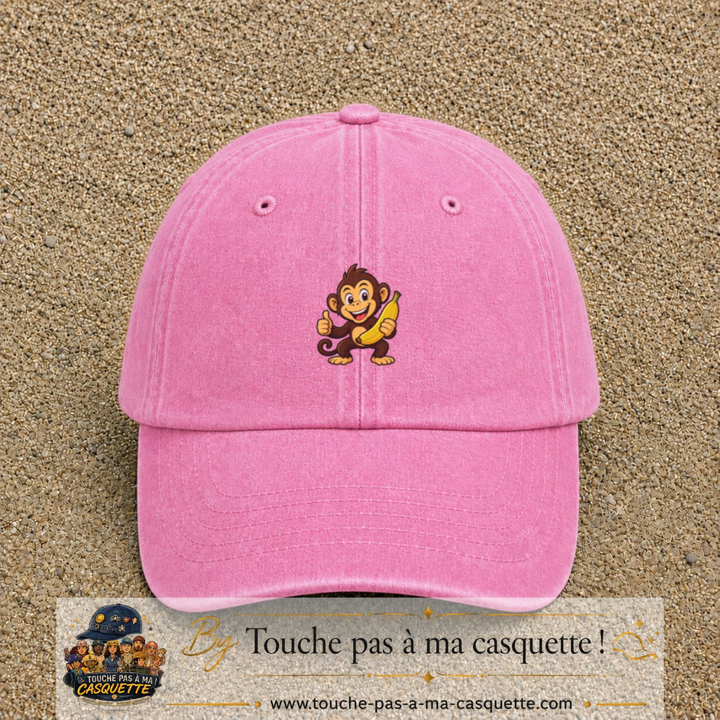 Casquette baseball Rose délavé 100% coton avec motif Singe à la banane 3 cm - image principale