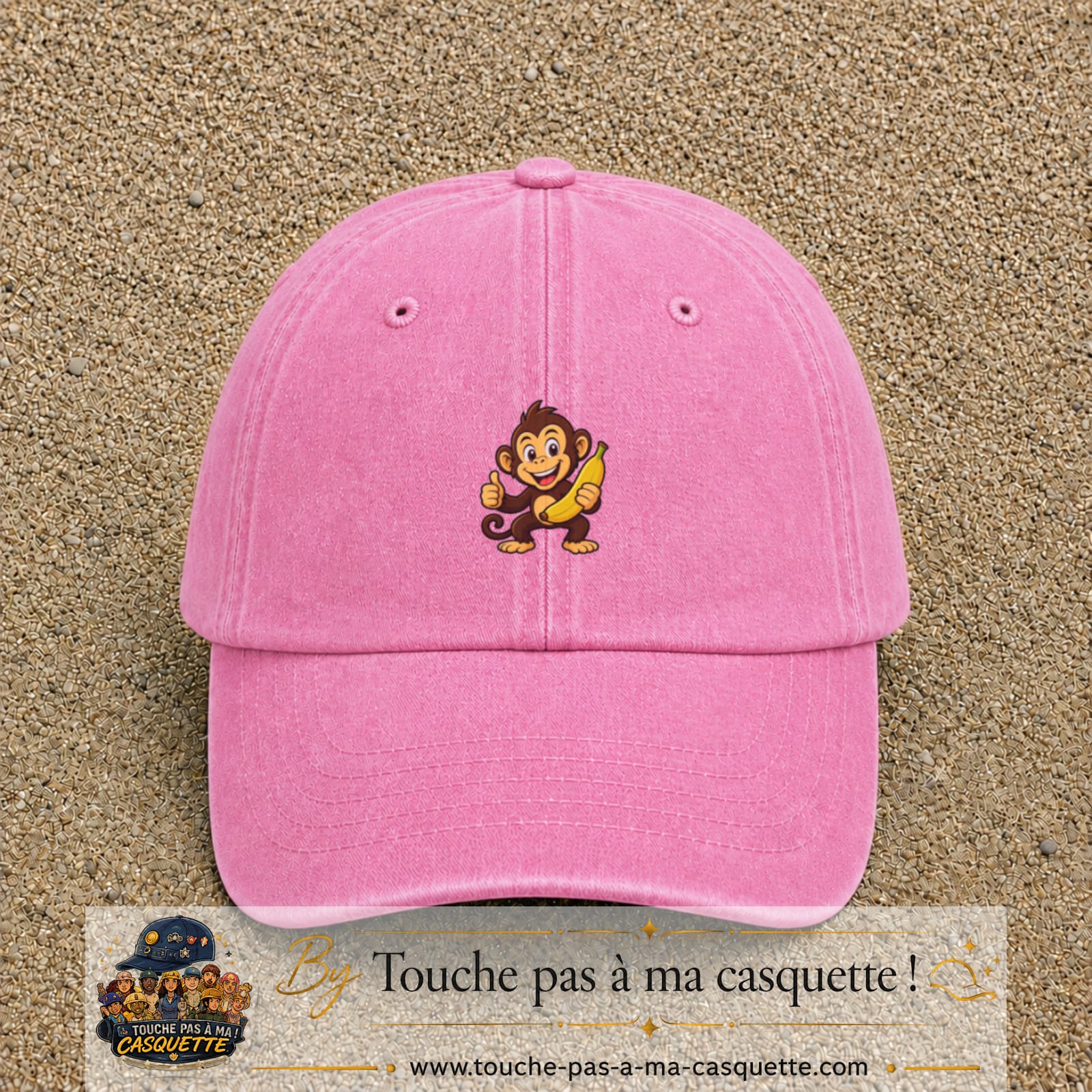 Casquette baseball Rose délavé 100% coton avec motif Singe à la banane 3 cm - image principale