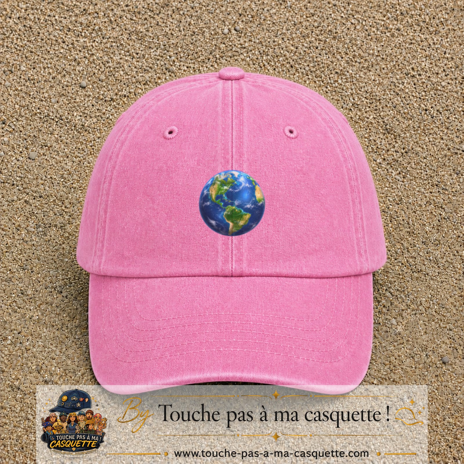Casquette baseball Rose délavé 100% coton avec visuel Planète Terre réaliste 5 cm - image produit principale