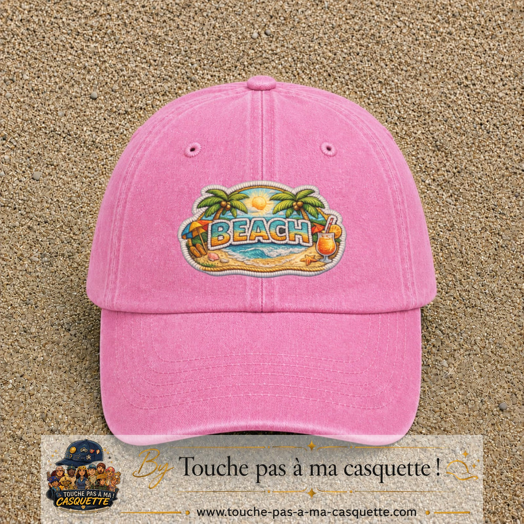 Casquette Rose délavé motif Plage tropicale Beach 7 cm - vue principale