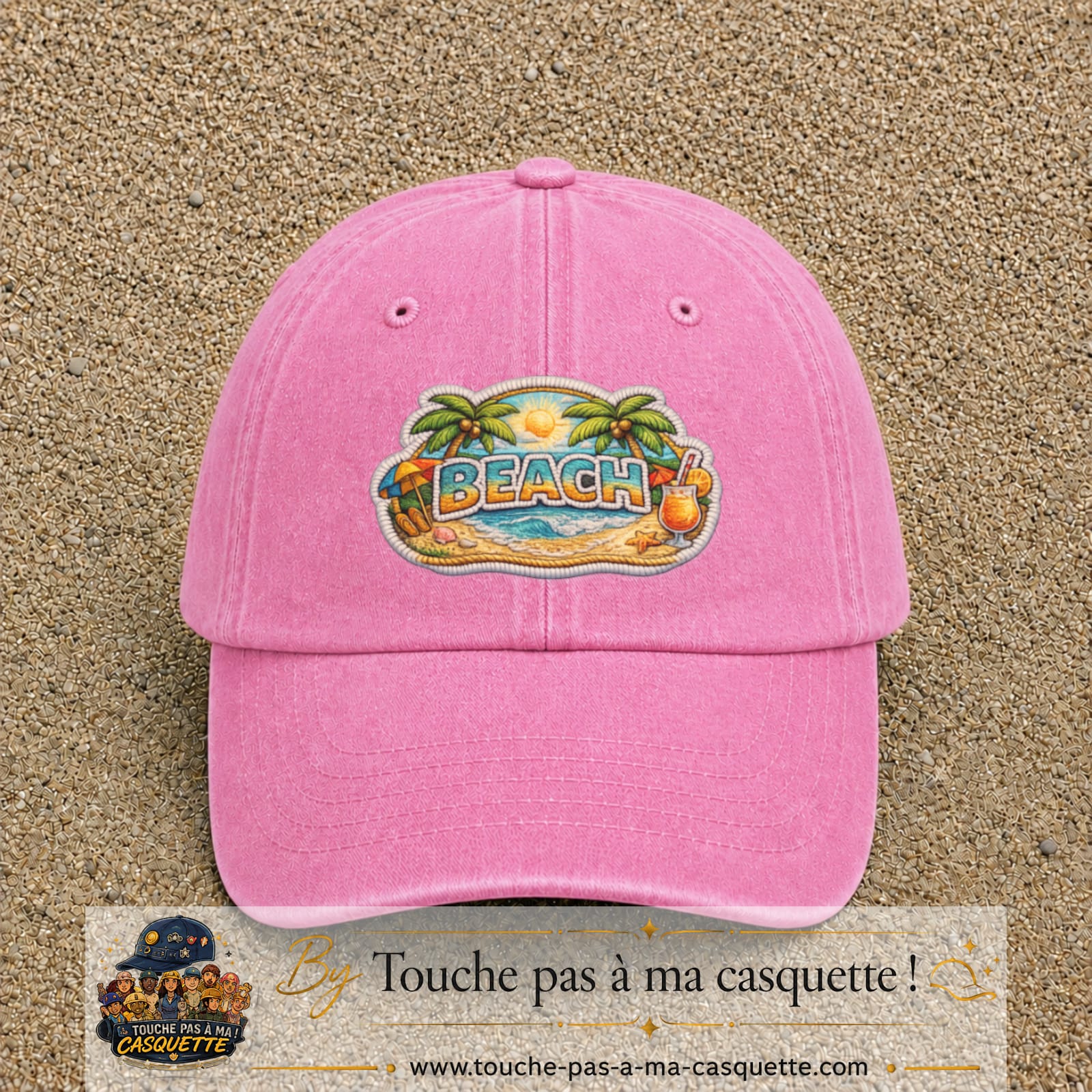 Casquette Rose délavé motif Plage tropicale Beach 7 cm - vue principale