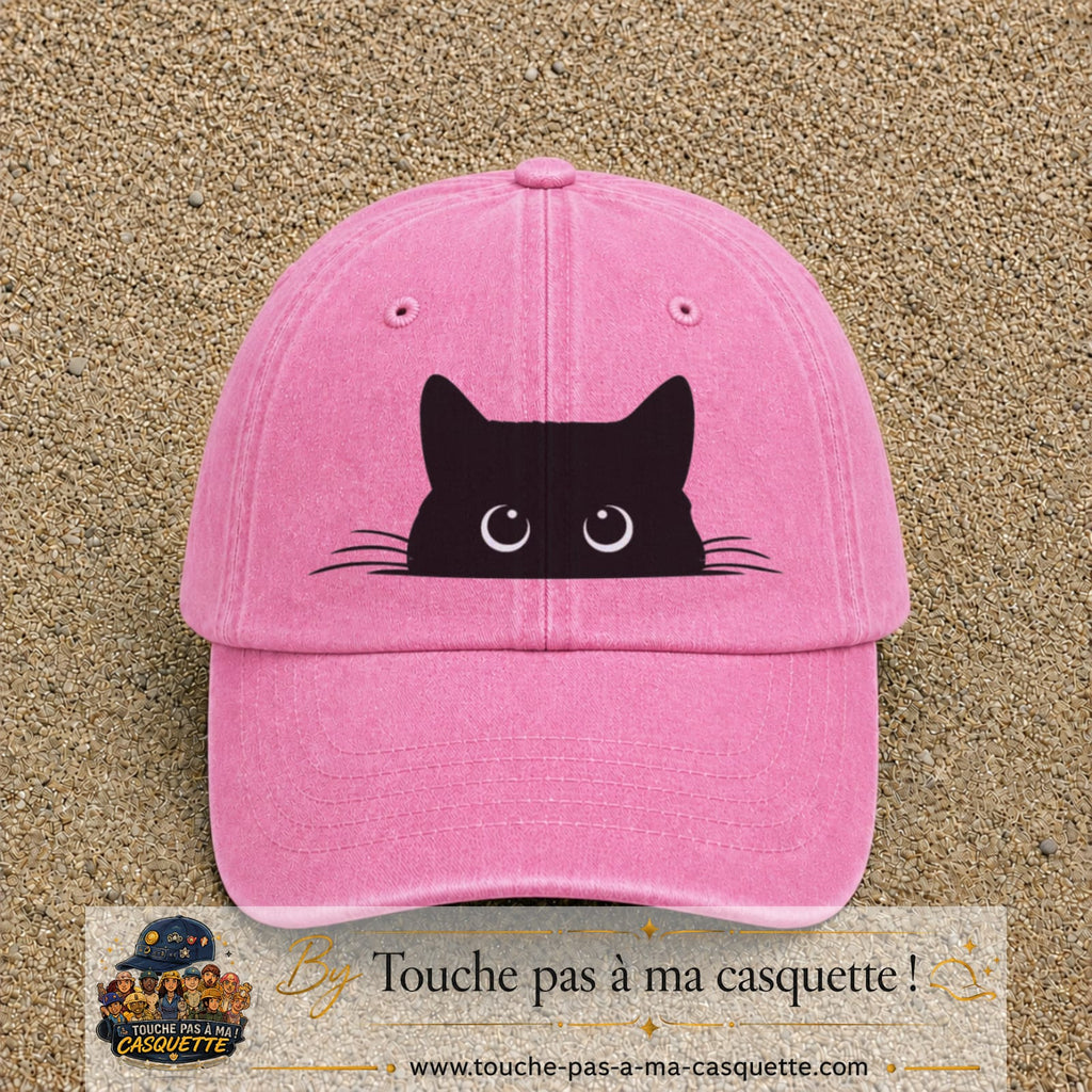 Casquette baseball Rose délavé 100% coton avec visuel Chat noir cache-cache 7 cm - image produit principale