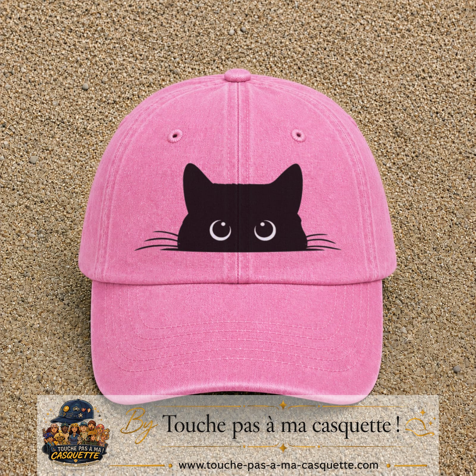 Casquette baseball Rose délavé 100% coton avec visuel Chat noir cache-cache 7 cm - image produit principale