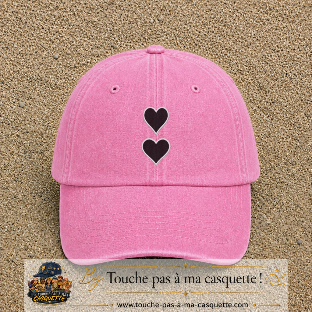 Casquette baseball Rose délavé 100% coton avec visuel Deux cœurs noirs 7 cm - image produit principale
