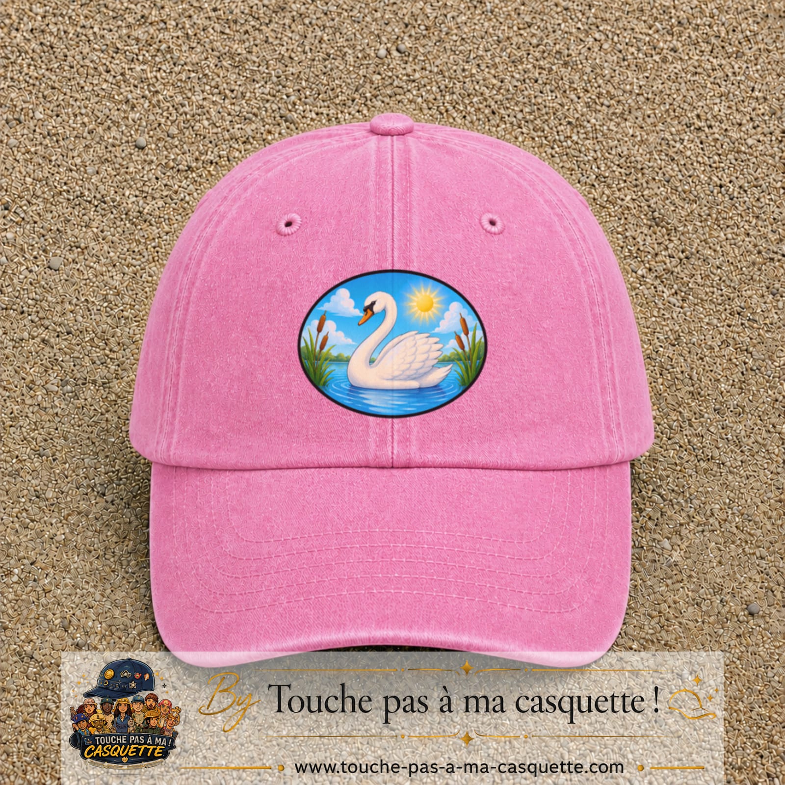 Casquette baseball Rose délavé 100% coton avec visuel Cygne sur lac 7 cm - image produit principale