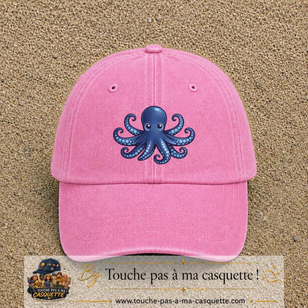 Casquette baseball Rose délavé 100% coton avec visuel Pieuvre bleue 7 cm - image produit principale