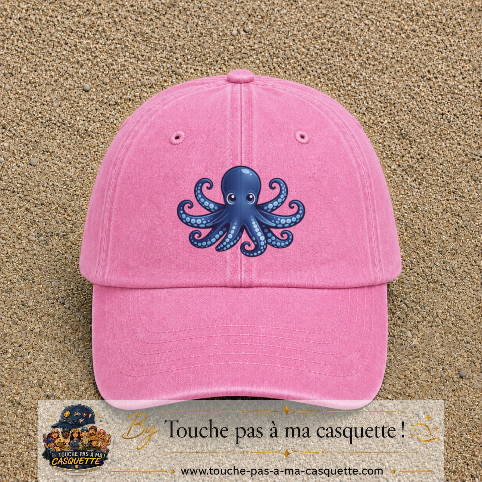 Casquette baseball Rose délavé 100% coton avec visuel Pieuvre bleue 7 cm - image produit principale