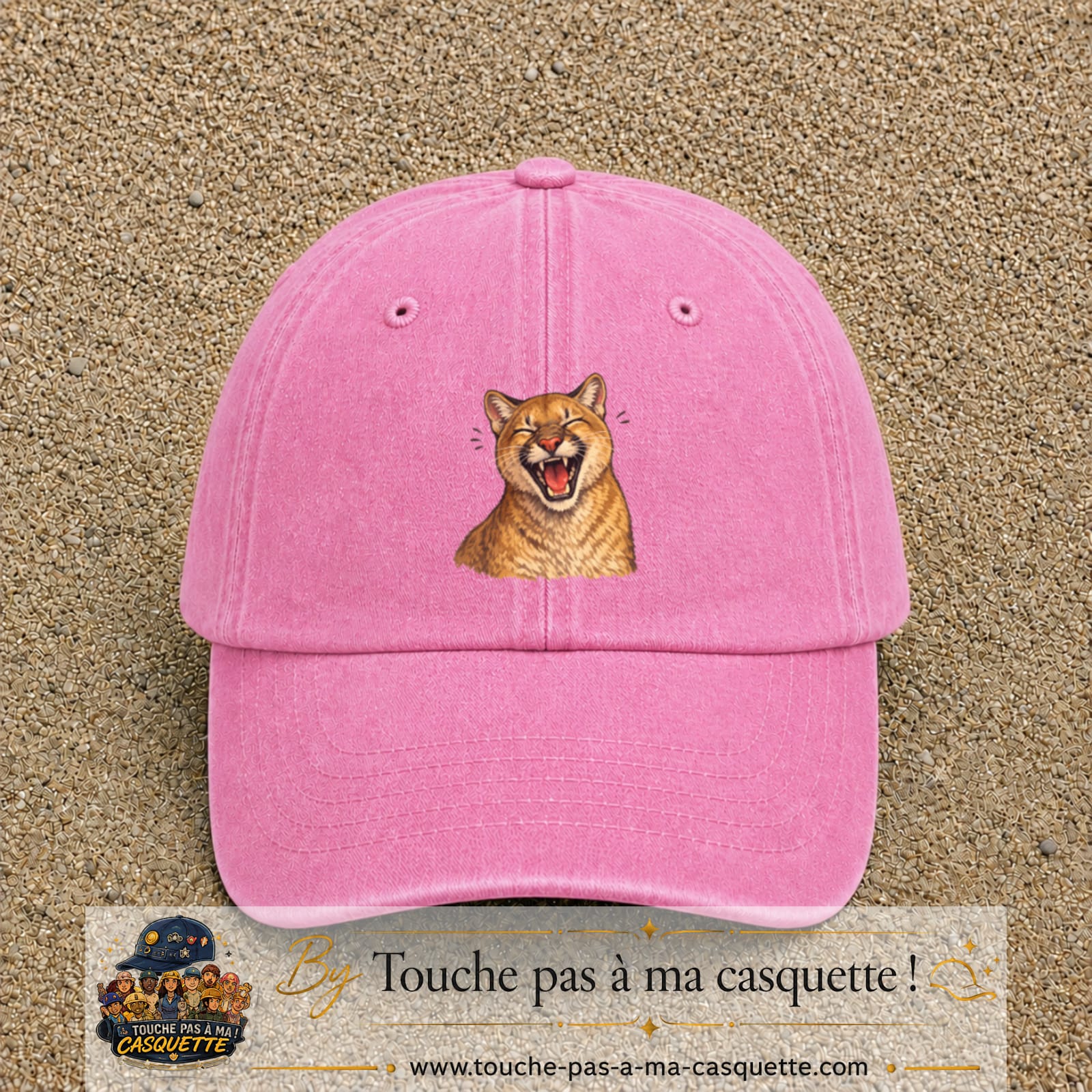 Casquette Rose délavé 100% coton avec motif Félin sauvage qui rit 7 cm - image principale