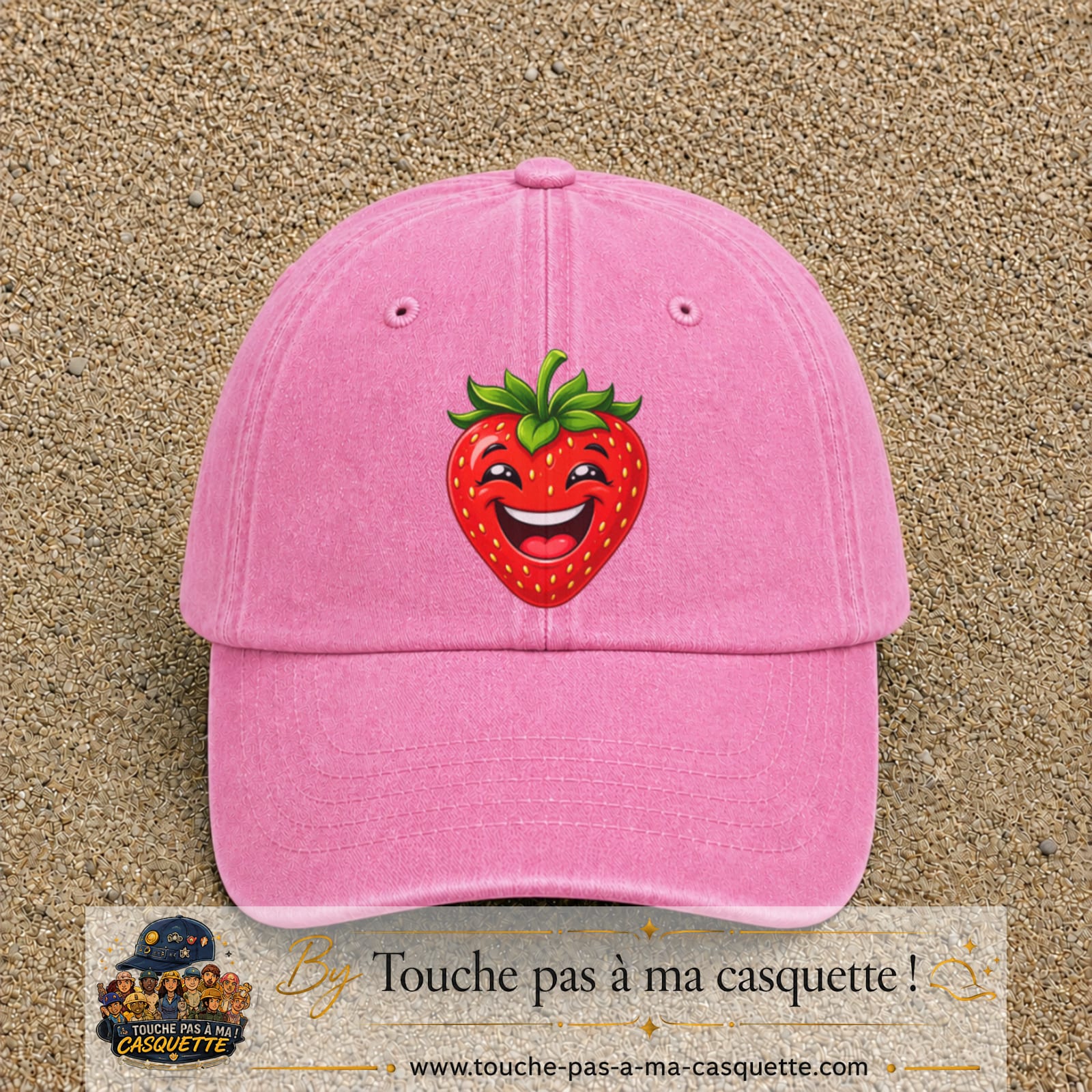 Casquette baseball Rose délavé 100% coton avec motif Fraise souriante 7 cm - image principale