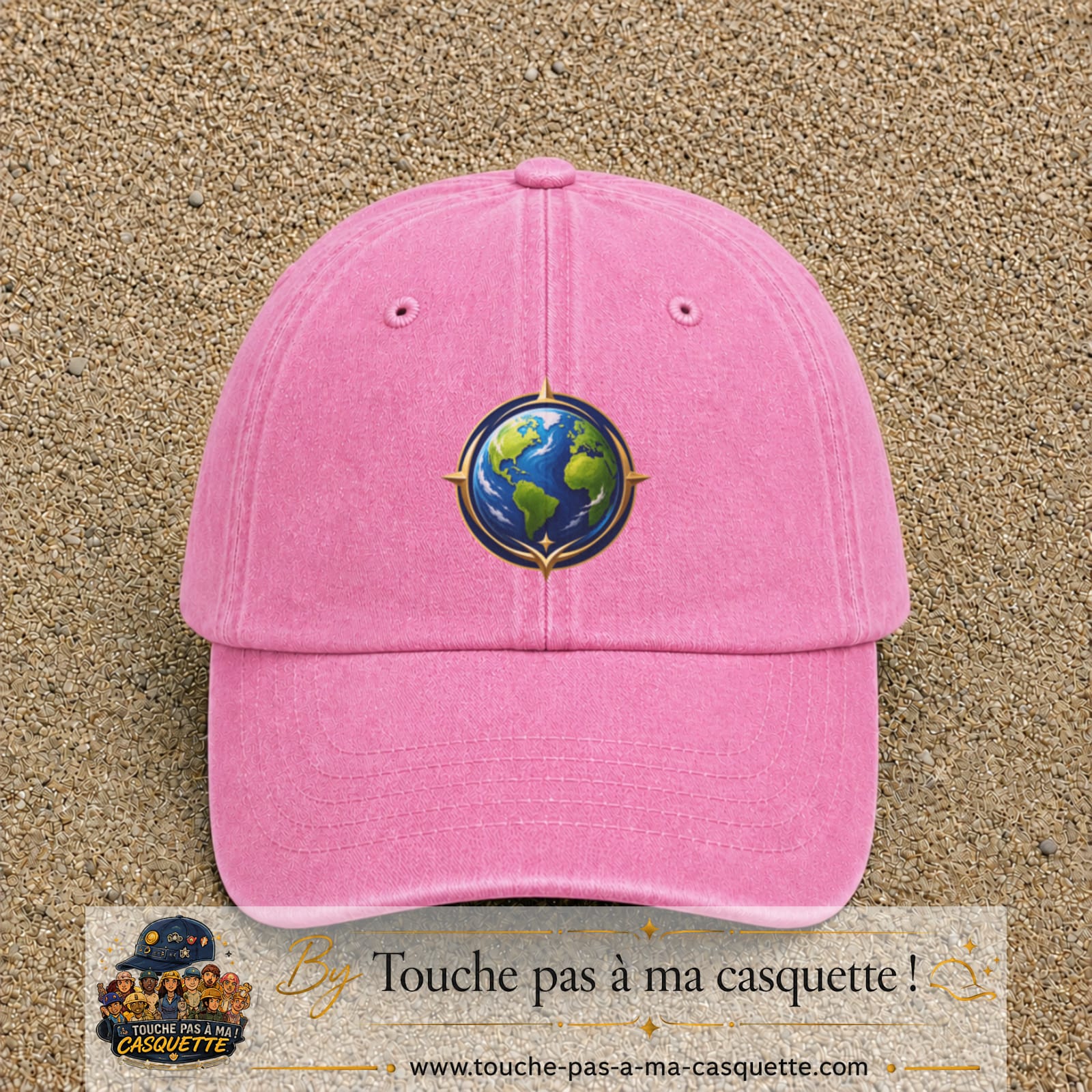 Casquette baseball Rose délavé 100% coton avec visuel Terre compas 7 cm - image produit principale