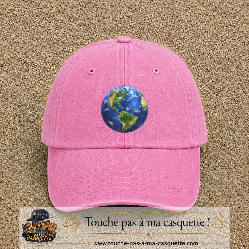 Casquette baseball Rose délavé 100% coton avec visuel Planète Terre réaliste 7 cm - image produit principale
