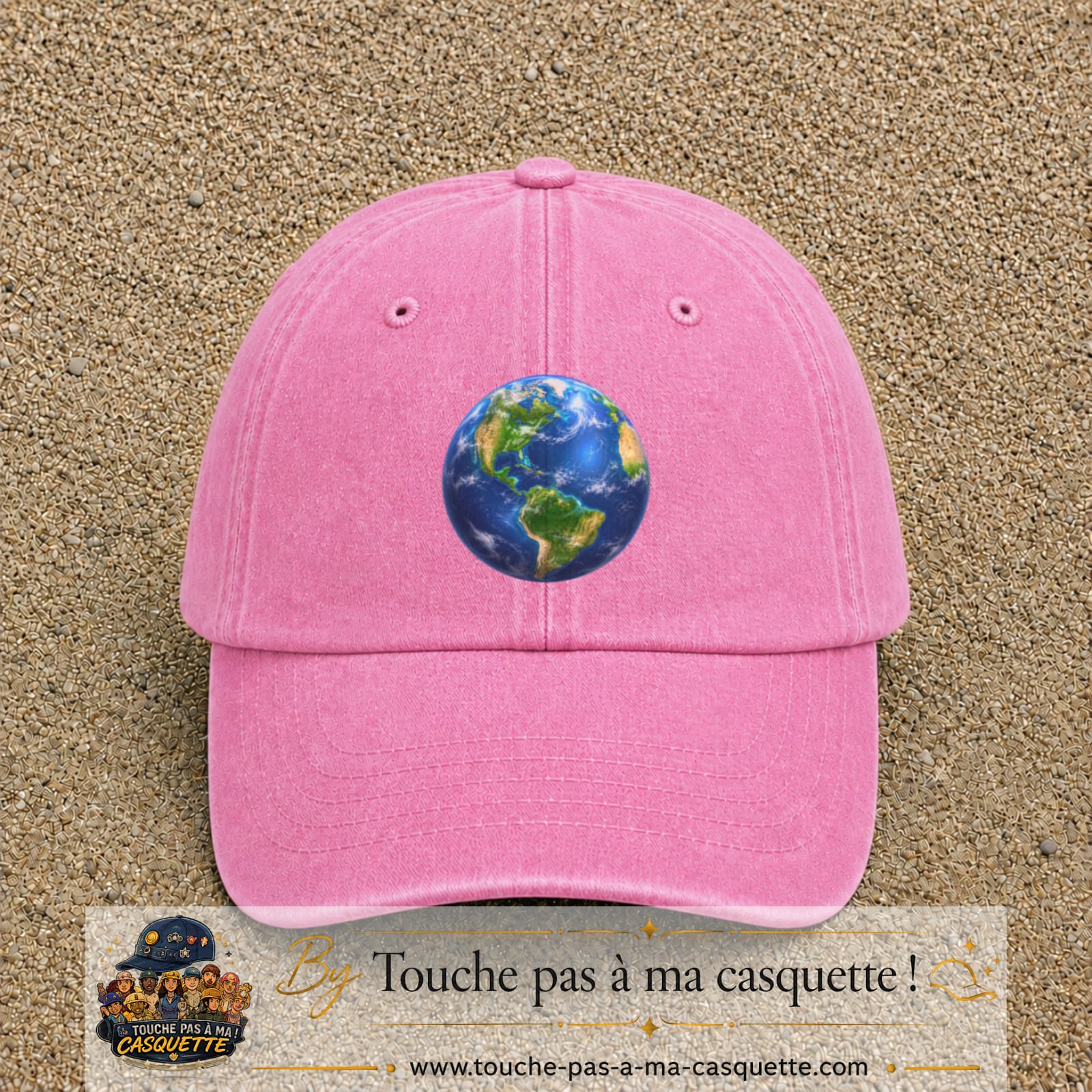 Casquette baseball Rose délavé 100% coton avec visuel Planète Terre réaliste 7 cm - image produit principale