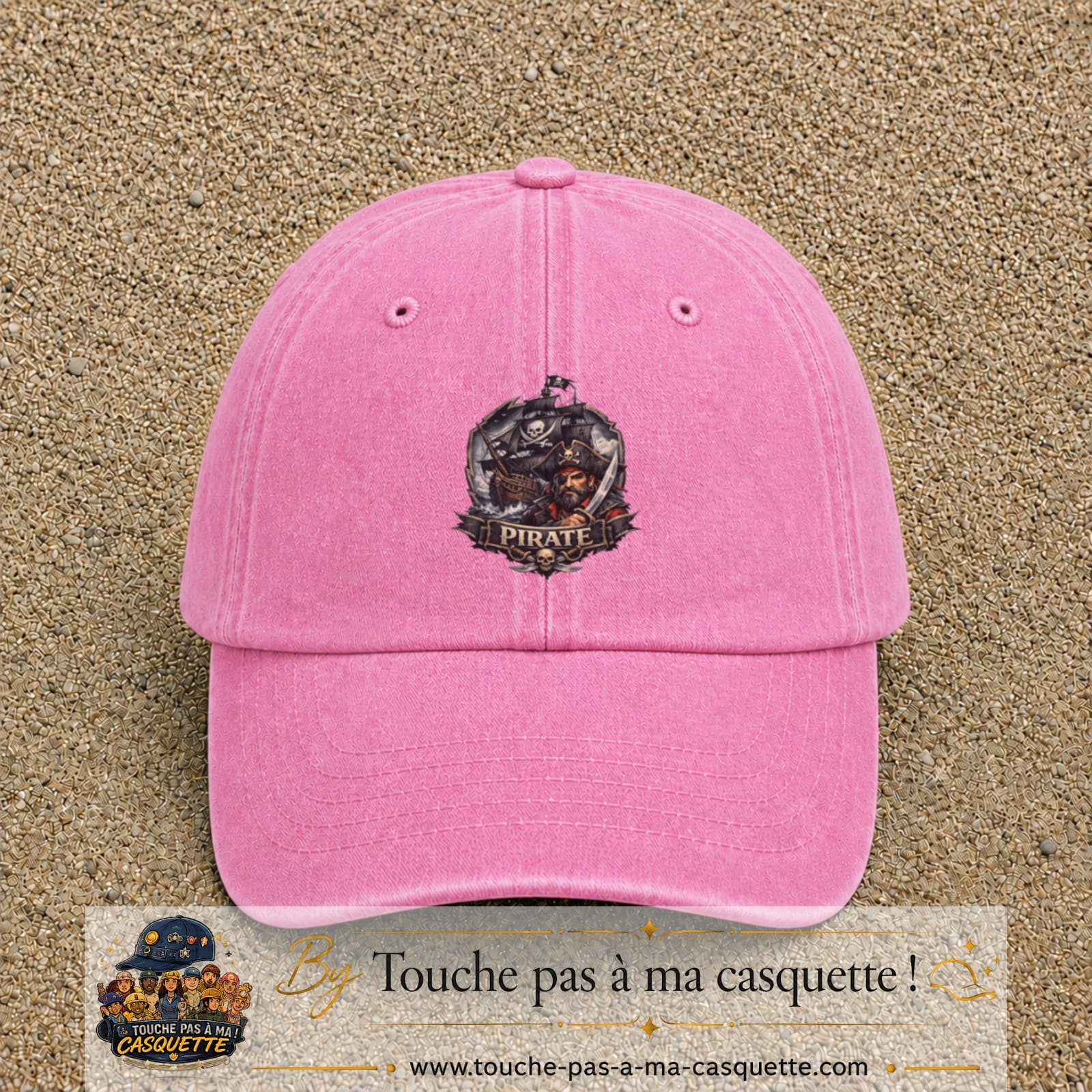 Casquette Rose délavé 100% coton avec motif Pirate barbu navire 7 cm - image principale