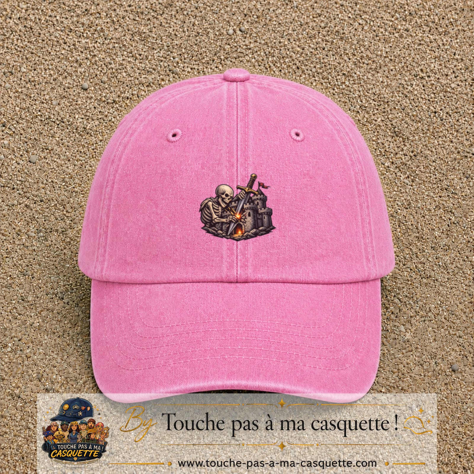 Casquette Rose délavé 100% coton avec motif Squelette chevalier château 5 cm - image principale