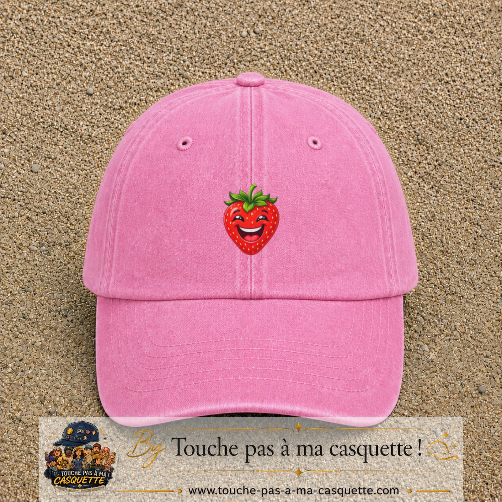 Casquette baseball Rose délavé 100% coton avec motif Fraise souriante 3 cm - image principale