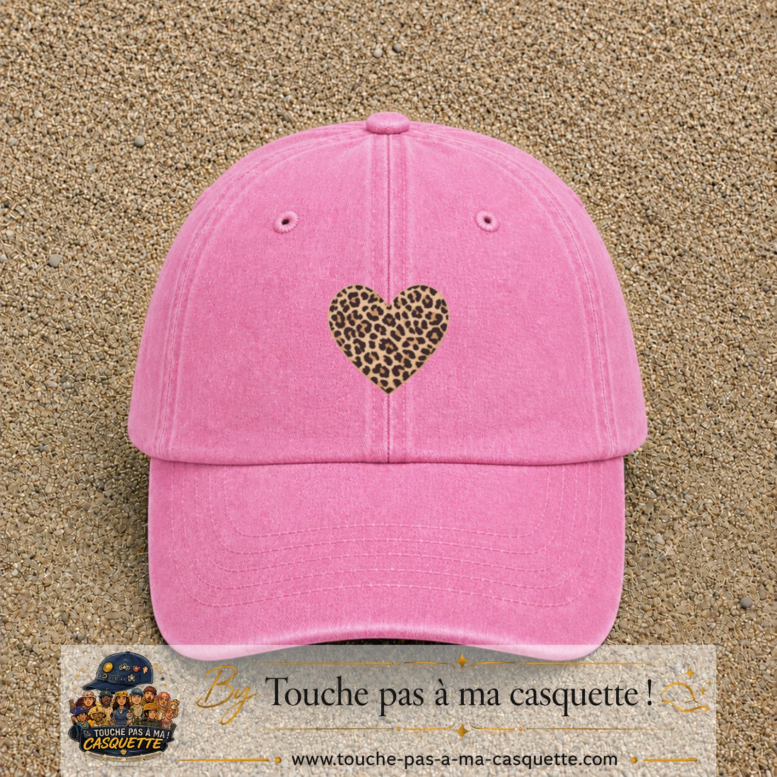 Casquette baseball Rose délavé 100% coton avec visuel Cœur léopard 5 cm - image produit principale