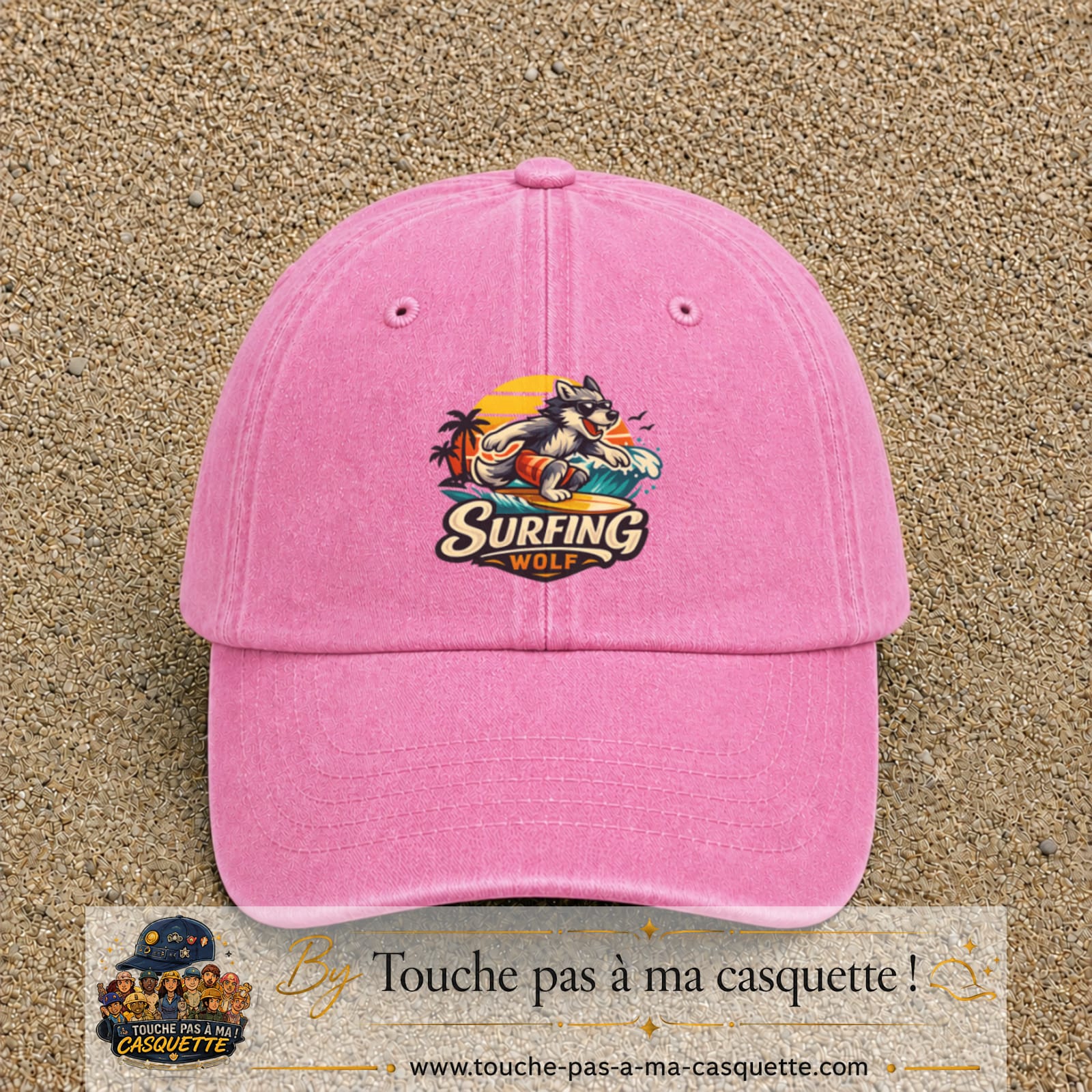 Casquette Rose délavé 100% coton avec motif Surfing Wolf 7 cm - image principale