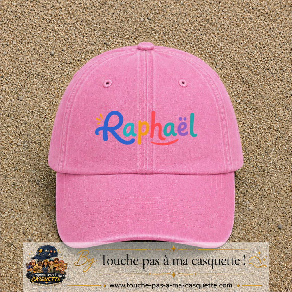 Casquette baseball Rose délavé 100% coton avec visuel Prénom Raphaël coloré 7 cm - image produit principale