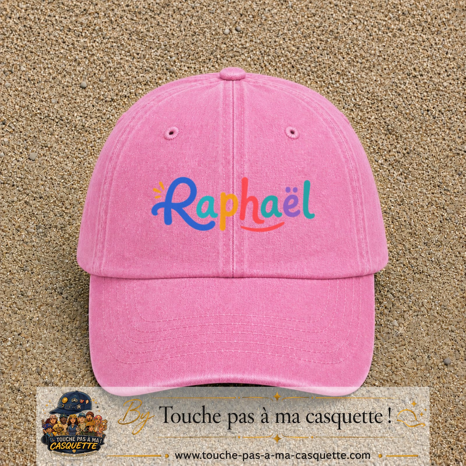 Casquette baseball Rose délavé 100% coton avec visuel Prénom Raphaël coloré 7 cm - image produit principale