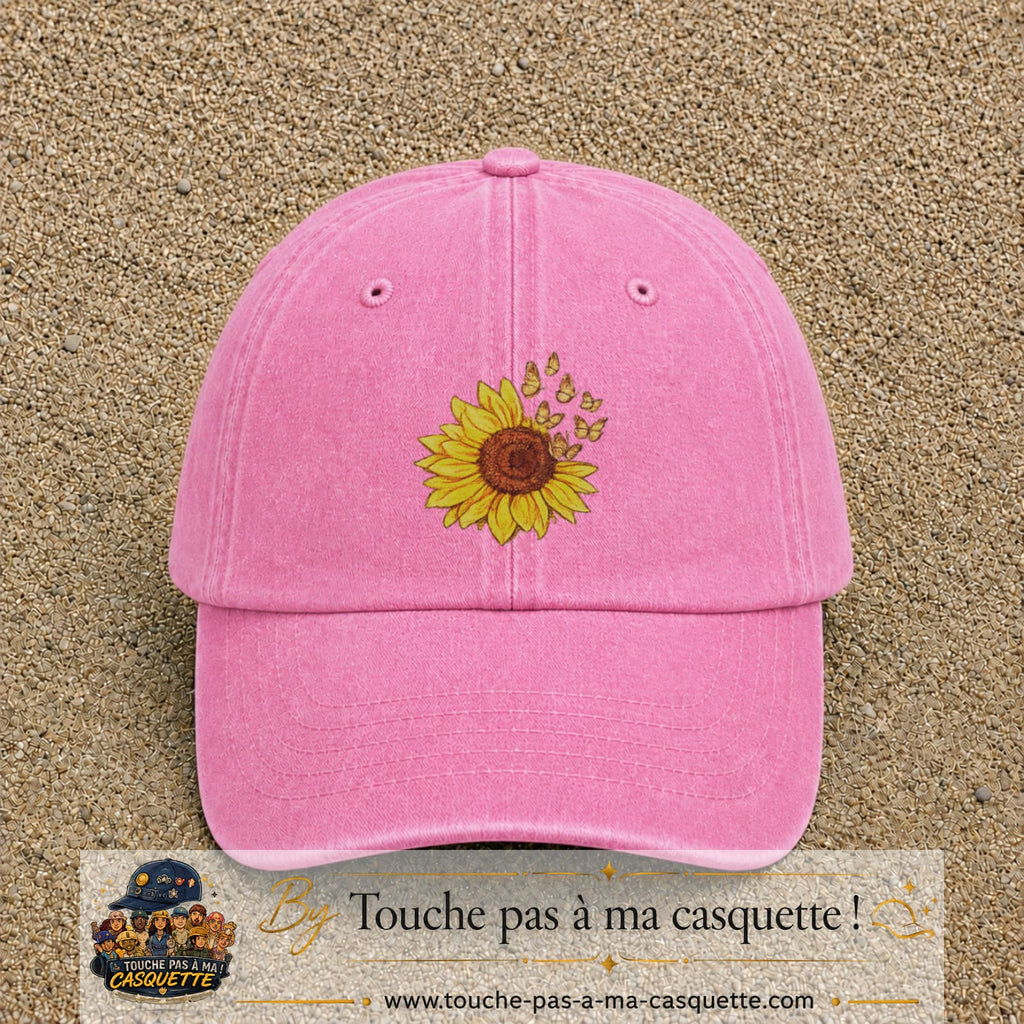 Casquette Rose délavé motif Tournesol avec papillons 7 cm - vue principale