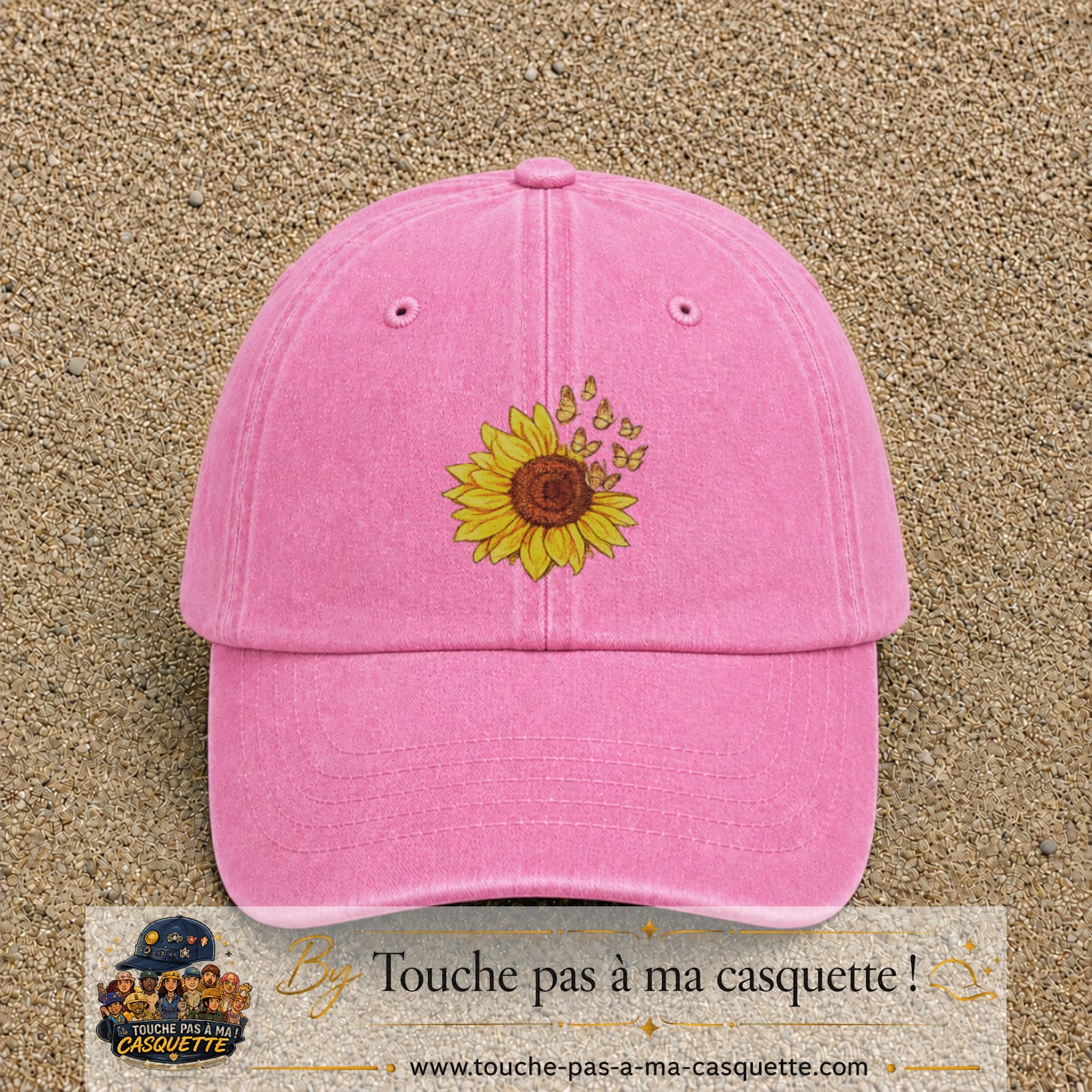 Casquette Rose délavé motif Tournesol avec papillons 7 cm - vue principale