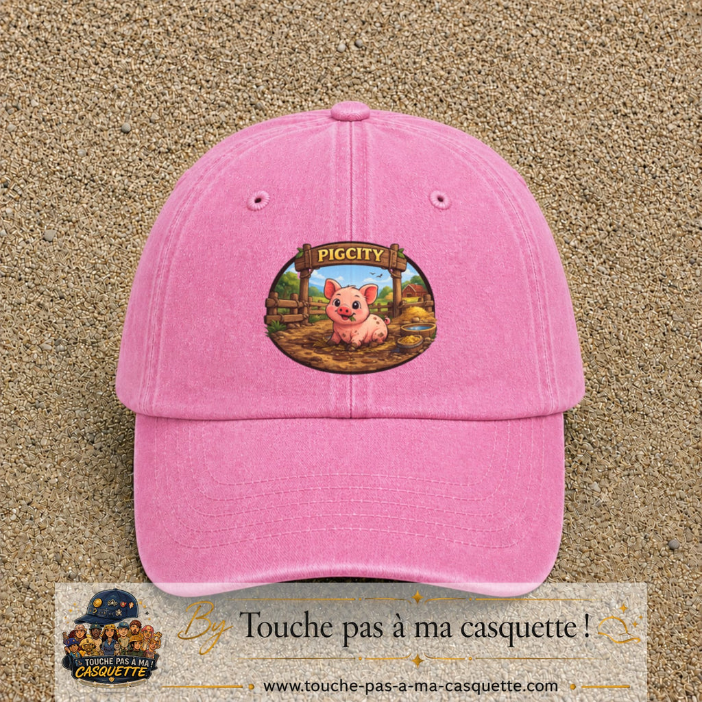 Casquette baseball Rose délavé 100% coton avec visuel Pigcity cochon 7 cm - image produit principale