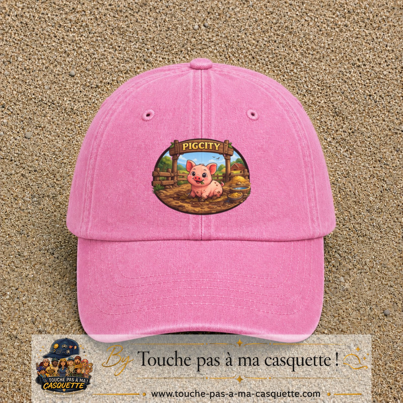 Casquette baseball Rose délavé 100% coton avec visuel Pigcity cochon 7 cm - image produit principale