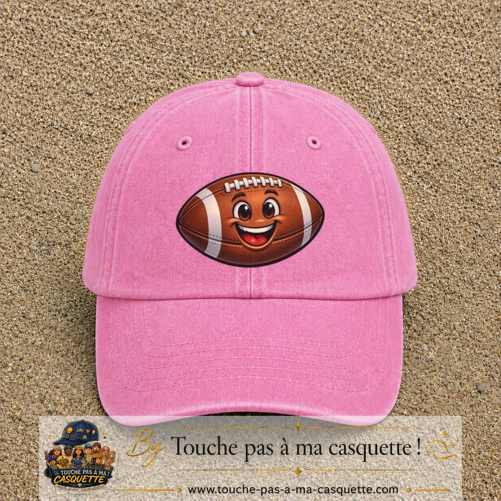 Casquette Rose délavé 100% coton avec motif Ballon de rugby sourire 7 cm - image principale