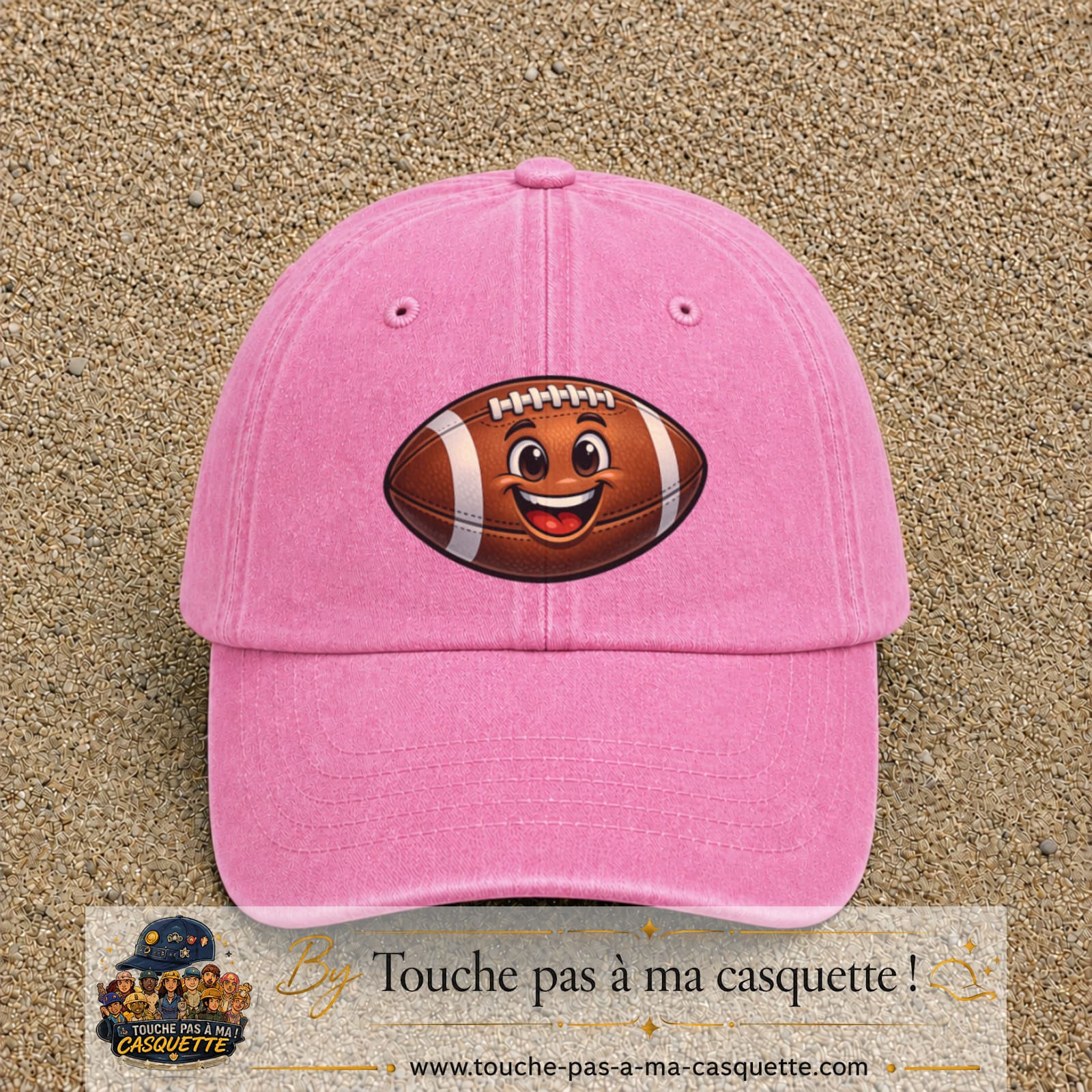 Casquette Rose délavé 100% coton avec motif Ballon de rugby sourire 7 cm - image principale