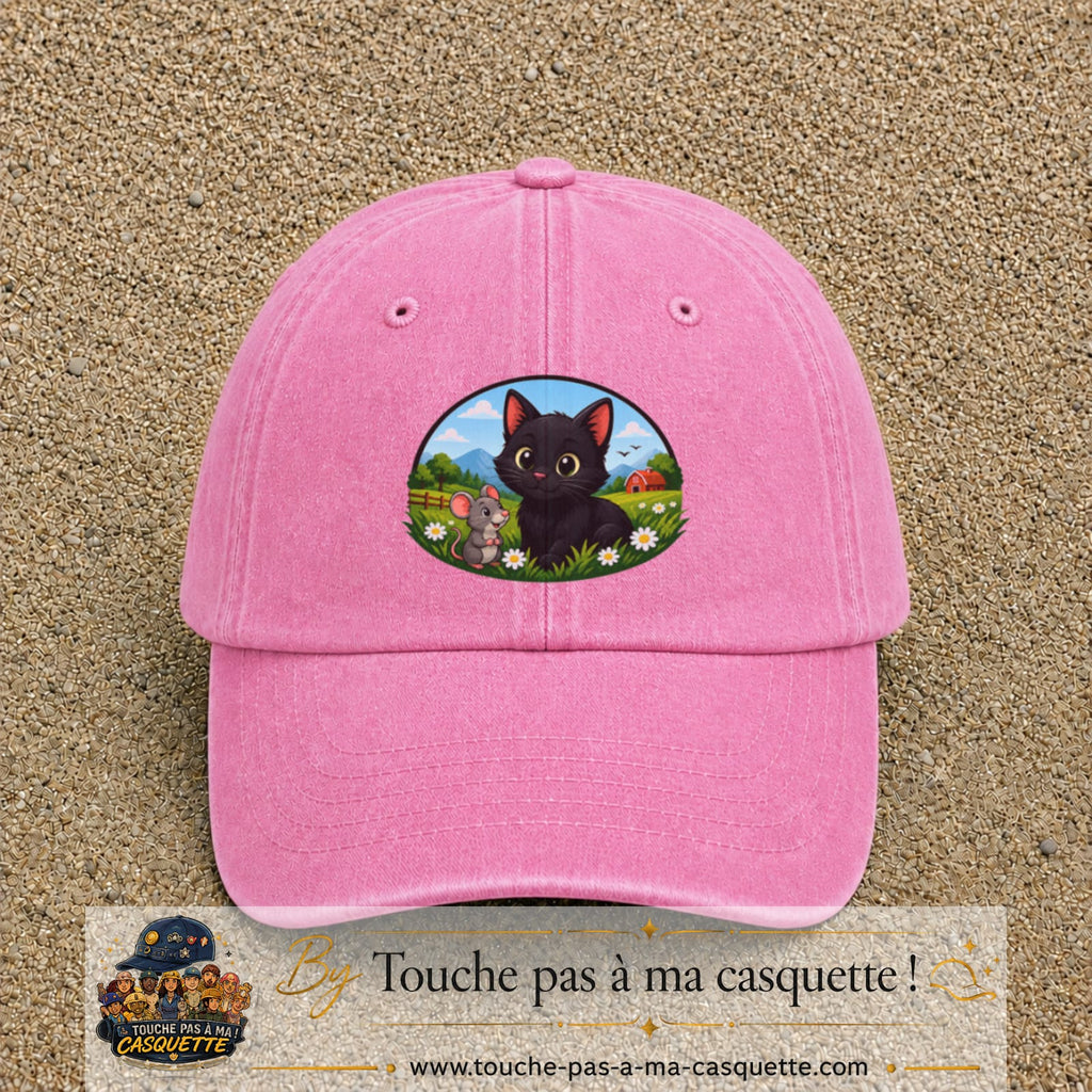 Casquette baseball Rose délavé 100% coton avec visuel Chat et souris à la ferme 7 cm - image produit principale