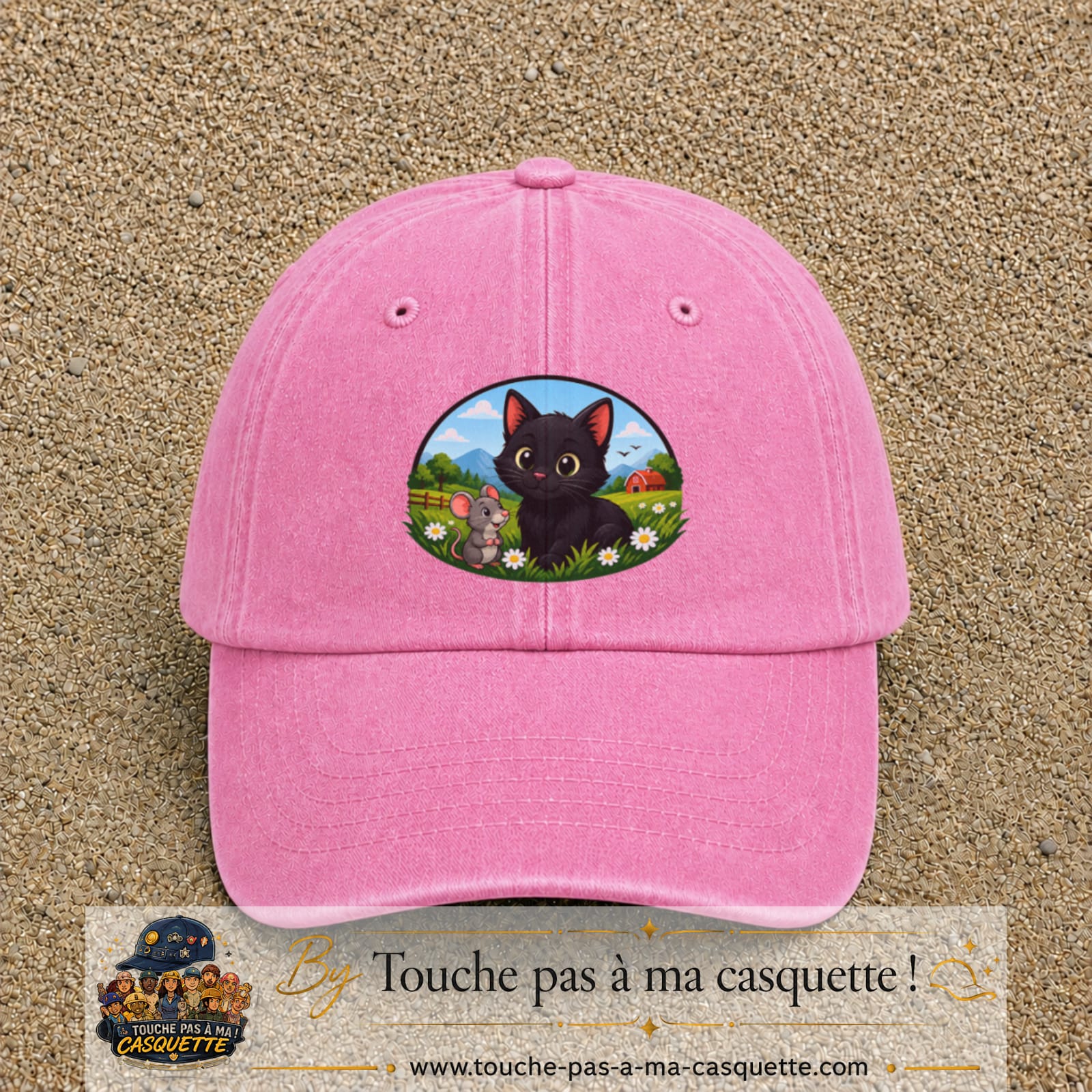 Casquette baseball Rose délavé 100% coton avec visuel Chat et souris à la ferme 7 cm - image produit principale