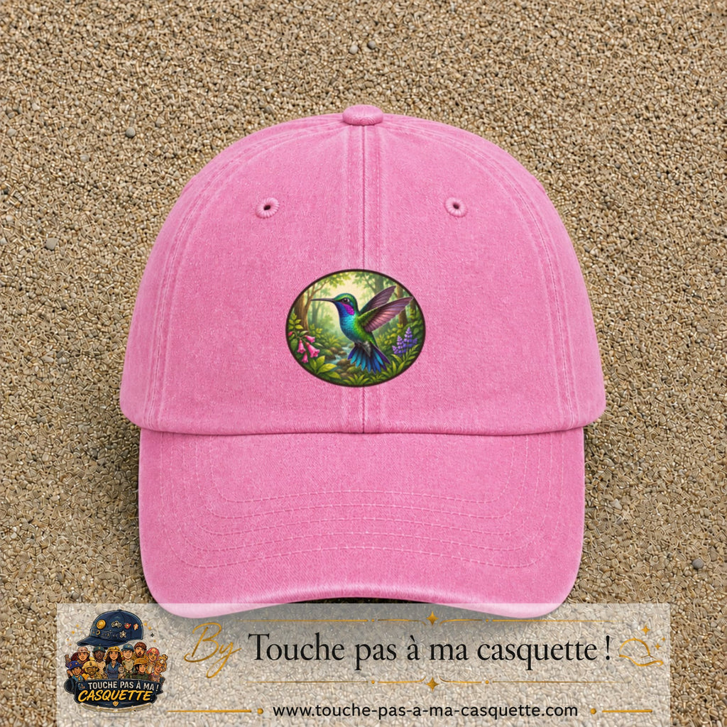 Casquette baseball Rose délavé 100% coton avec visuel Colibri tropical 7 cm - image produit principale